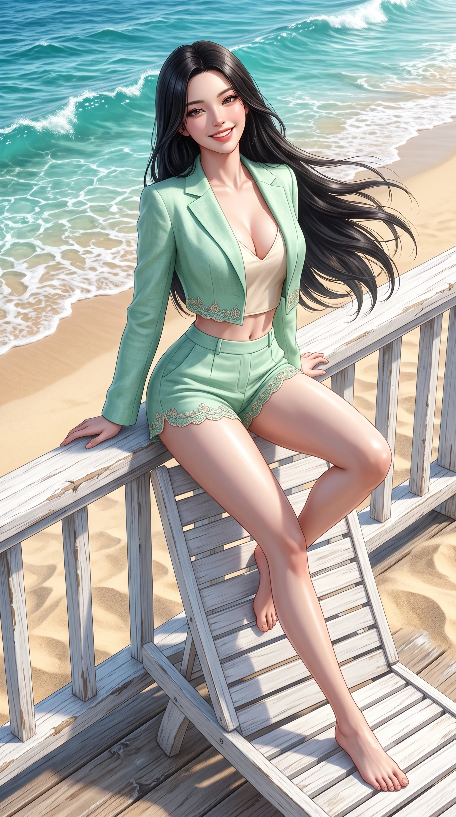 score_9, masterpiece, best quality, ultra-detailed, high-budget anime keyframe, semi-realistic 3D game render, editorial fashion photography, tasteful artistic composition, Korean woman. low angle full-body shot from head to toe showing her feet, filling the entire 9:16 vertical frame with her statuesque presence, stretching her vertical silhouette. reclining languidly on her side across the sunbed with one knee drawn up, her radiant smile and arched hip curve commanding the 9:16 vertical frame with youthful sensual charisma while perching on the white timber railing of a beachfront cottage deck, arching her back as turquoise Pacific waves lap gently onto golden sand. The surrounding environment is rendered in vivid detail and crisp panoramic clarity. sharp weathered white timber grain, sand dune textures, and ocean wave crest caustics in deep focus. She has an exceptionally tall and slender model-like 8.5-heads proportion, an ultra-slim waist, a flat toned midriff, narrow delicate ribcage, and beautifully sculpted feminine hips creating a graceful, slim hourglass silhouette without any bulky heaviness, with impossibly long slender legs. sharp v-shaped jawline, high-bridge nose, intricate jewel-like sparkling eyes with depth, thick eyelashes, glossy parted lips with a natural peach sheen, bright cheerful beaming smile with an enchanting and coquettish sensual glint, exuding both youthful cute charm and seductive allure, flawlessly proportioned anatomical accuracy, strict slender model proportions, natural body alignment, perfectly sculpted long slender limbs, ultra-slim waistline, clean dynamic posture without body distortion. wearing a chic cropped linen blazer worn with a plunging-V camisole and high-waisted tailored hot-pants showcasing her long slender legs in refreshing mint green and soft vanilla cream, tailored from fine lightweight chiffon that flutters gently in the breeze, complemented by delicate embroidered floral trim along the hem, the form-contouring cut accentuating her sculpted flat midriff, narrow delicate ribcage, and gracefully curvy hips with supermodel precision. illuminated by intense specular sea foam reflections sharply sculpting her razor-sharp jawline, narrow waist, and curvy hips. highly saturated vibrant anime colors, detailed shading with soft gradients, rich glossy textures, high-contrast stereoscopic depth, volumetric dynamic lighting, master piece, 9:16 ratio