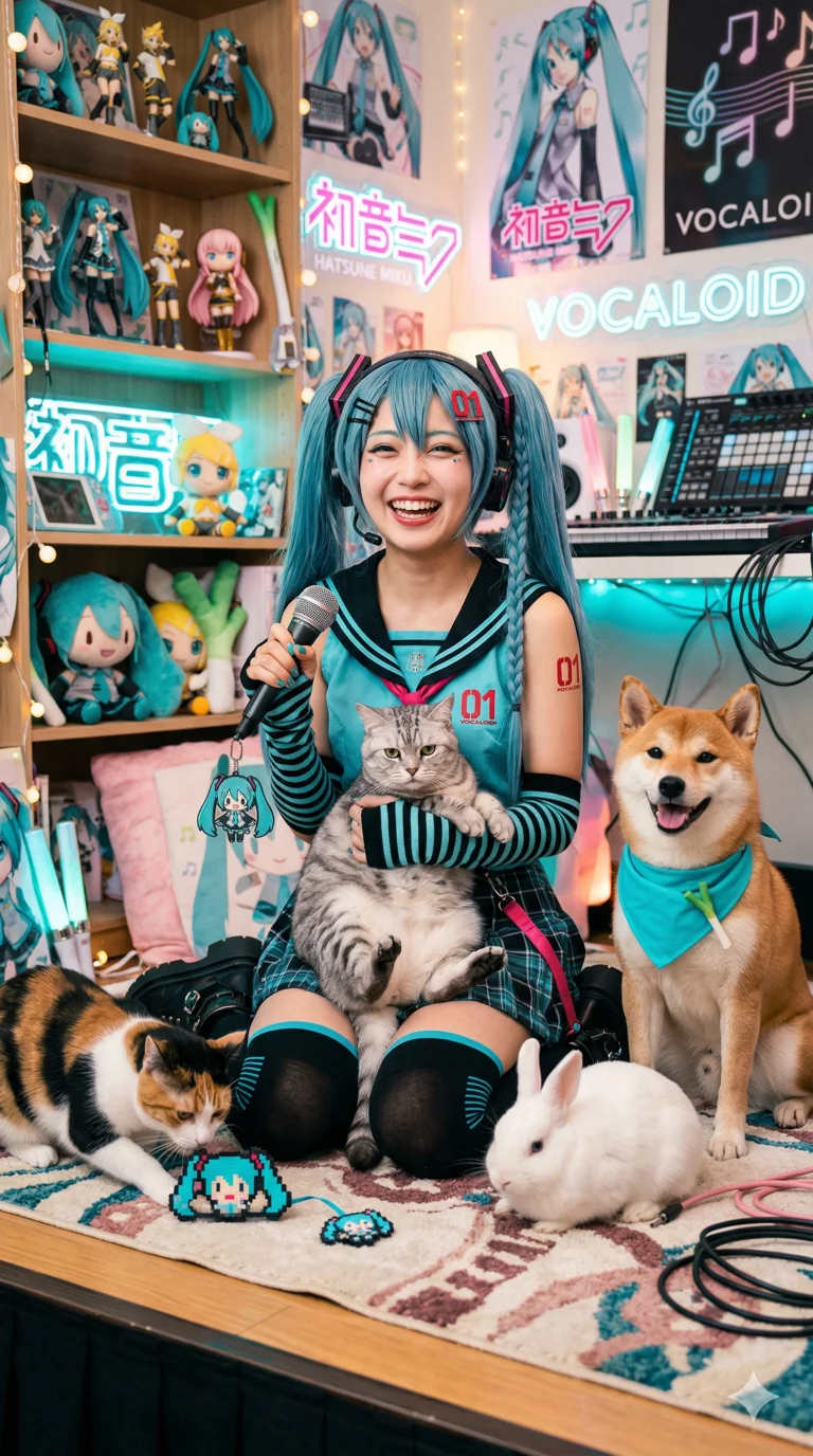 female idol with pets, incorporating Vocaloid elements. 4k, ultra detail, master piece, 9:16 ratio 4k, ultra detail, master piece, 9:16 ratio