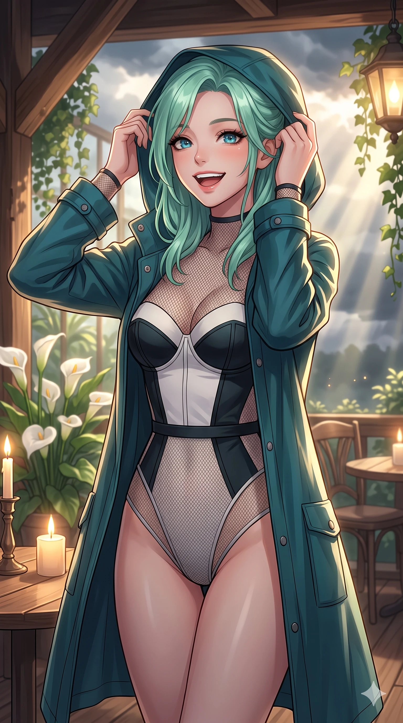 score_9, masterpiece, best quality, ultra-detailed, high-budget anime keyframe, vibrant anime aesthetic, Japanese woman. close-up cowboy shot from the waist and thighs up, the character dominates the composition, filling the frame with her large presence, background elements kept in soft focus. She is adjusting her stylish raincoat hood, laughing with a radiant face, with a warm and inviting look with a relaxed and elegant posture. the background shows a soft-focus sunlit plant conservatory filled with white calla lilies and hanging ivy, as sunbeams pierce through storm clouds (Code-P22-129). She has an absolutely perfect proportion, an exceptionally elegant and slender female figure with an ultra-slim waist. V-shaped jawline, high-bridge nose, intricate jewel-like eyes with depth, thick eyelashes, glossy lips with a natural sheen. wearing a delicate mesh-textured bodysuit featuring a structured textured bodice with a sweetheart neckline in black and white couture. She is illuminated by warm candlelight and soft gaslight from a cozy greenhouse cafe, tracing the elegant lines of her shoulders on the outdoor wooden terrace. 2k, ultra detail, master piece, 9:16 ratio