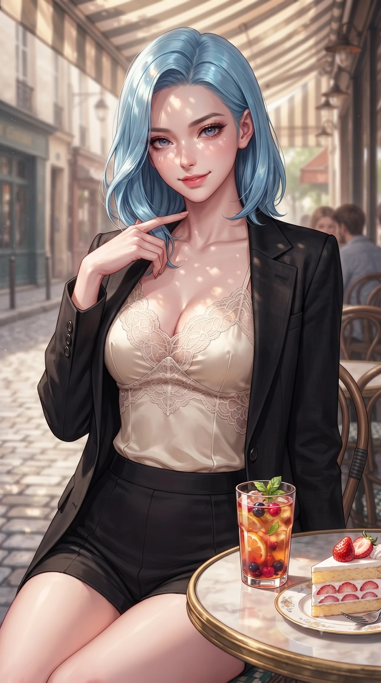 score_9, masterpiece, best quality, ultra-detailed, high-budget anime keyframe, editorial fashion photography, tasteful artistic composition, Korean woman. close-up cowboy shot from the waist and thighs up, the character dominates the composition, filling the frame with her large presence, background elements kept in soft focus. gently tracing her finger along her collarbone with a captivating, confident smile set against a soft-focus background of at a vintage Parisian-style cafe corner next to a quiet cobblestone street with a glass of iced fruit tea and a slice of strawberry shortcake nearby. She has an exceptionally elegant, slender, and willowy female figure with an ultra-slim waist, a gracefully sculpted slender torso, and a refined silhouette. sharp v-shaped jawline, high-bridge nose, intricate jewel-like eyes with depth, thick eyelashes, glossy lips with a natural sheen. wearing tailored delicate silk camisole with lace panels and a tailored blazer worn open over form-contouring shorts. dappled sunlight filtering through the outdoor awning onto her face. highly saturated vibrant anime colors, detailed shading with soft gradients, rich glossy textures, high-contrast stereoscopic depth, volumetric dynamic lighting, master piece, 9:16 ratio