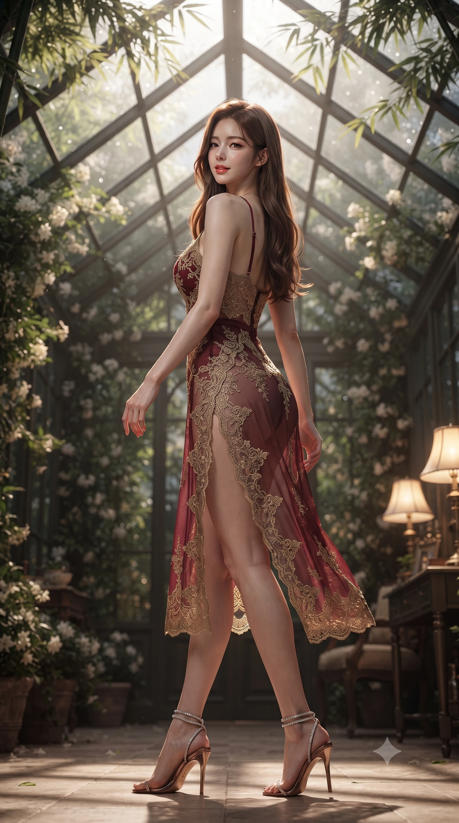 score_9, masterpiece, best quality, ultra-detailed, high-budget anime keyframe, editorial fashion photography, tasteful artistic composition, Korean woman. low angle full-body shot from head to toe showing her feet, filling the entire 9:16 vertical frame with her statuesque presence, stretching her vertical silhouette. walking along the terrace with poise, looking back over her bare shoulder with an irresistible smoldering bedroom-gaze while standing poised beneath the pitched glass roof of the private conservatory, arching her lower back as moonbeams dance through bamboo fronds. The background shows a soft-focus climbing night-blooming jasmine vines softened in secluded heritage conservatory shallow focus. She has an exceptionally tall and slender model-like 8.5-heads proportion, an ultra-slim waist, a flat toned midriff, narrow delicate ribcage, and beautifully sculpted feminine hips creating a graceful, slim hourglass silhouette without any bulky heaviness, with impossibly long slender legs. sharp v-shaped jawline, high-bridge nose, intricate jewel-like sparkling eyes with depth, thick eyelashes, glossy parted lips with a natural peach sheen, bright cheerful beaming smile with an enchanting and coquettish sensual glint, exuding both youthful cute charm and seductive allure, flawlessly proportioned anatomical accuracy, strict slender model proportions, natural body alignment, perfectly sculpted long slender limbs, ultra-slim waistline, clean dynamic posture without body distortion. wearing a gossamer sheer mesh slip dress with delicate gold embroidery and hip-high double side slits in French boudoir bordeaux wine and antique brass, made of delicate semi-sheer French Chantilly lace with intricate eyelash edges, complemented by strappy stiletto sandals with crystal ankle wraps accentuating her slender calves, the high-slit wrap tailoring accentuating her ultra-slim waistline and the enchanting curve of her feminine hips with alluring seductive charm. bathed in the moody warm 2300K glow of antique brass reading lamps mixed with silver moonlight through glass. ultra-reflective glossy finish, specular highlights, rich textural contrasts, high-contrast stereoscopic depth, volumetric dynamic lighting, 2k, ultra detail, master piece, 9:16 ratio