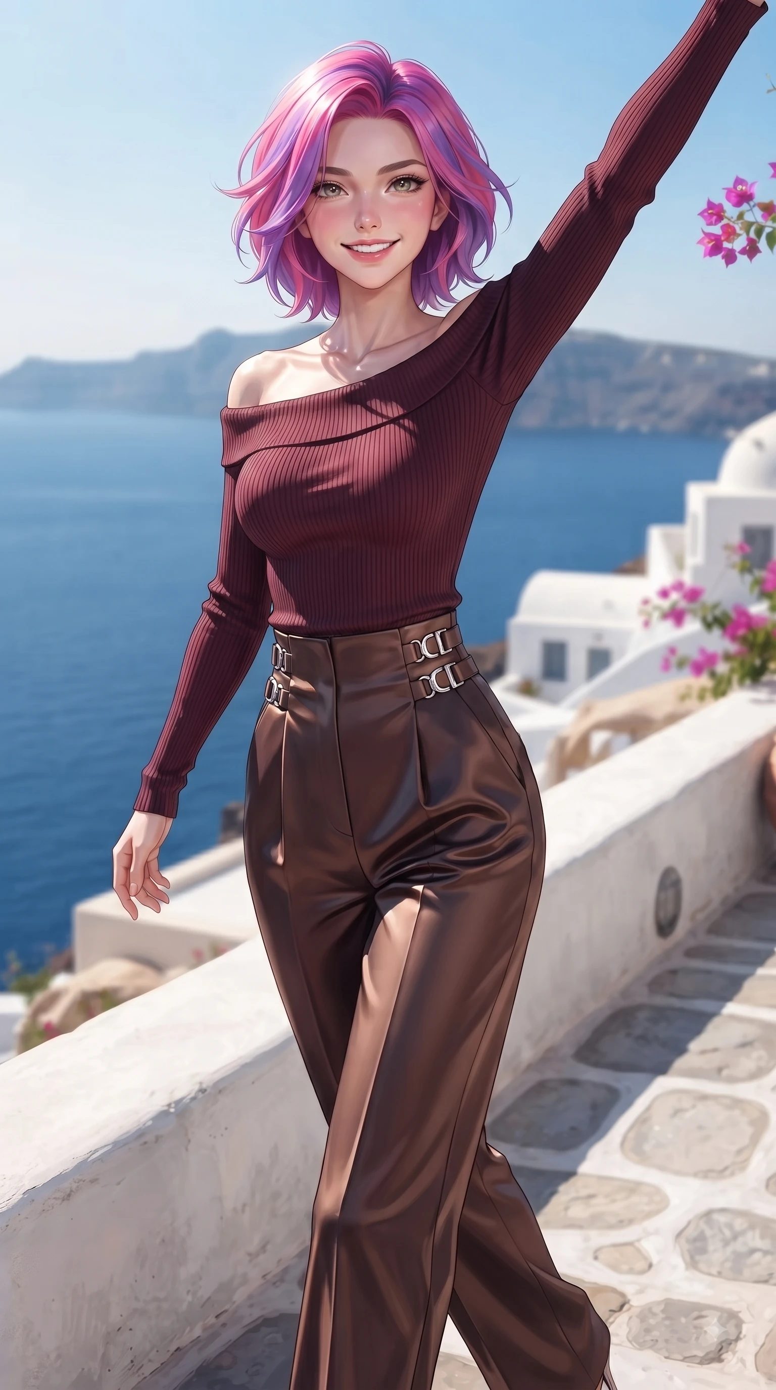 score_9, masterpiece, best quality, ultra-detailed, high-budget anime keyframe, editorial fashion photography, tasteful artistic composition, Caucasian woman. close-up cowboy shot from the waist and thighs up, the character dominates the composition, filling the frame with her large presence, background elements kept in soft focus. Extending one arm in an elegant stretch toward the sun while smiling with vibrant, magnetic self-assurance while stepping cheerfully along a whitewashed stone terrace overlooking the deep blue Aegean sea, fresh sea breezes swaying her lightweight resort gown into fluid, uplifting motions. She has an exceptionally elegant, slender, and willowy female figure with an ultra-slim waist, a gracefully sculpted slender torso, and a refined silhouette. sharp v-shaped jawline, high-bridge nose, intricate jewel-like eyes with depth, thick eyelashes, glossy lips with a natural sheen, flawlessly proportioned anatomical accuracy, natural body alignment, perfectly sculpted elegant limbs, clean dynamic posture without body distortion. wearing a sleek off-shoulder ribbed knit top paired with high-waist tailored pants in deep burgundy and bronze, crafted from lustrous satin jersey with fluid draping, detailed with polished silver buckles along the waistline, the sleek second-skin texture accentuating her magnetic presence. surrounded by a clear, sun-drenched atmosphere with crisp cheerful highlights. ultra-reflective glossy finish, specular highlights, metallic sheen, high-contrast stereoscopic depth, volumetric dynamic lighting, 2k, ultra detail, master piece, 9:16 ratio