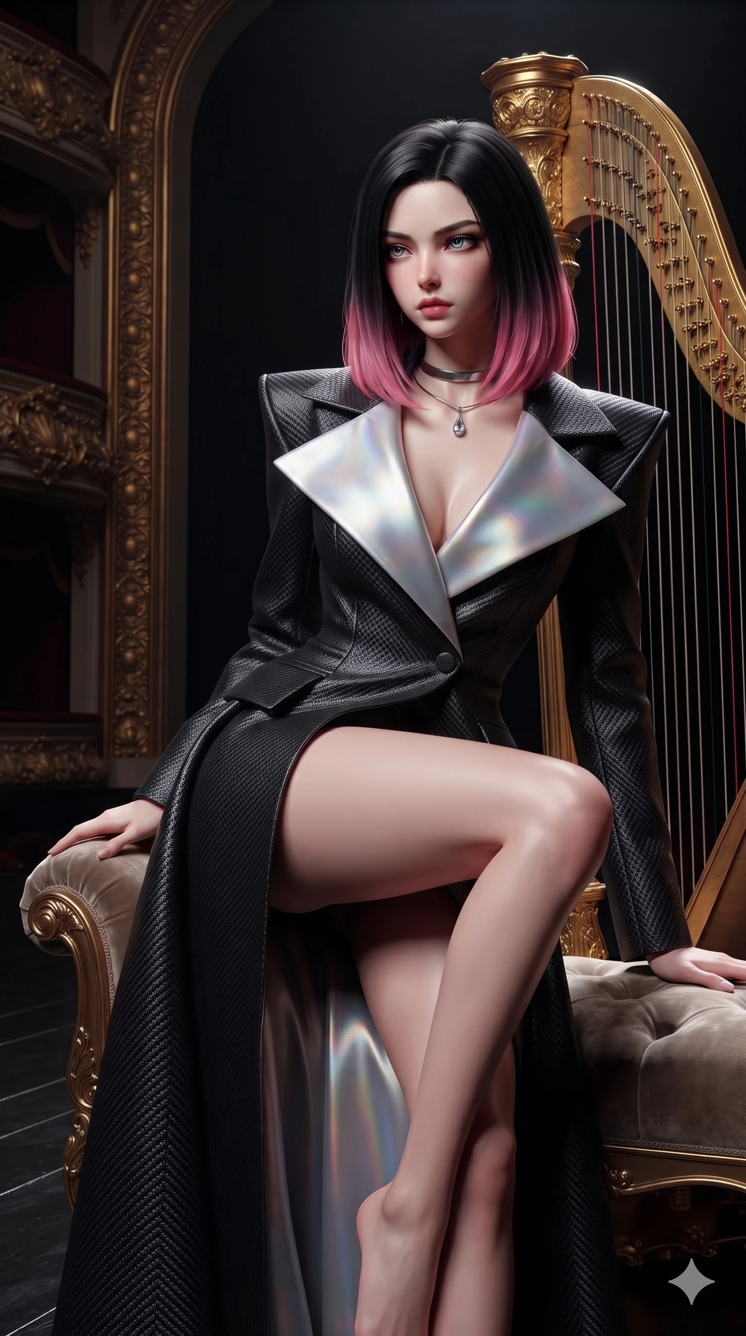 score_9, masterpiece, best quality, ultra-detailed, high-budget anime keyframe, semi-realistic 3D game render, editorial fashion photography, tasteful artistic composition, Korean woman. close-up cowboy shot from the waist and thighs up, the character dominates the composition, filling the frame with her large presence. perched sideways on the lounge seat, one knee drawn up to showcase her slender leg line while her arched back accentuates her feminine hip curve while leaning against the ornate golden concert harp with hips cocked back, gazing out across the shadowed amphitheatre with smoldering bedroom-eyes. The surrounding environment is rendered in vivid detail and crisp panoramic clarity: sharp carved proscenium gold leaf scrollwork, mirror-sheen lacquered stage floor grain, and taut golden harp strings in deep focus. She has an exceptionally elegant, slender, and willowy female figure with an ultra-slim waist, flat toned midriff, narrow ribcage, and sculpted feminine hips creating an alluring, slim hourglass silhouette without bulk. sharp v-shaped jawline, high-bridge nose, intricate jewel-like eyes with depth, thick eyelashes, glossy parted lips with a natural sheen, intensely captivating and seductive bedroom-eyes expression, flawlessly proportioned anatomical accuracy, strict slender model proportions, natural body alignment, perfectly sculpted long slender limbs, ultra-slim waistline, clean dynamic posture without body distortion. wearing a high-fashion draped silk faille opera coat with geometric lapels and interior silk satin lining in iridescent mother-of-pearl and liquid molten silver, woven from structured carbon-fiber jacquard with rich textural depth, finished with a minimalist chrome choker and a single teardrop diamond pendant, the impeccably tailored cut draping gracefully along her slender figure with aristocratic poise. illuminated by crisp directional theatrical spotlights sharply defining her sculpted collarbones, ultra-slim waist, and curvy hips. highly saturated vibrant anime colors, detailed shading with soft gradients, rich glossy textures, high-contrast stereoscopic depth, volumetric dynamic lighting, master piece, 9:16 ratio