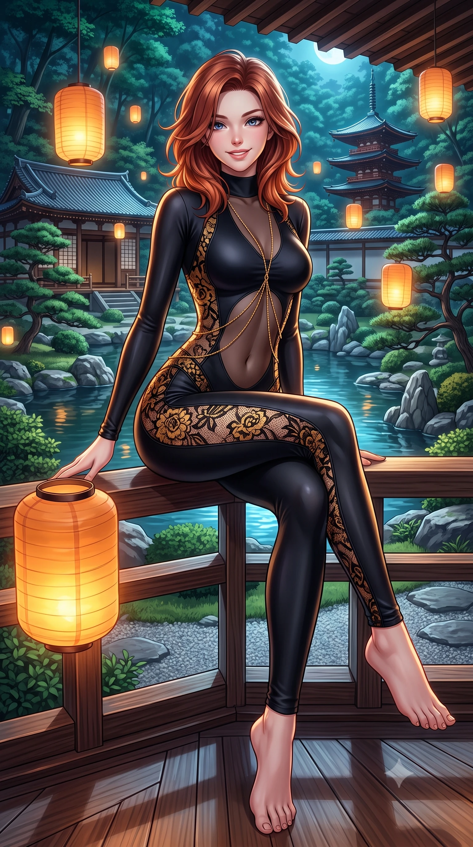 score_9, masterpiece, best quality, ultra-detailed, high-budget anime keyframe, semi-realistic 3D game render, editorial fashion photography, tasteful artistic composition, Korean woman. low angle full-body shot from head to toe showing her feet, filling the entire 9:16 vertical frame with her statuesque presence, stretching her vertical silhouette. sitting perched on the elevated pavilion terrace edge with legs crossed and hips angled toward the camera, displaying her toned midriff and long slender limbs with joyful, coquettish charm while twisting her slender torso in an alluring S-curve, floating holographic paper lanterns casting warm amber glow across her narrow waist and hips. The surrounding environment is rendered in vivid detail and crisp panoramic clarity: detailed silk kimono weave, lantern specular glints on hair, and traditional Japanese garden craftsmanship in high resolution. She has an absolutely perfect, statuesque 8.5-heads proportion, an exceptionally tall and slender model-like female figure with impossibly long slender legs, an ultra-slim waist, a flat toned midriff, narrow delicate ribcage, and beautifully sculpted feminine hips creating a graceful, slim hourglass silhouette without any bulky heaviness. sharp v-shaped jawline, high-bridge nose, intricate jewel-like dark sparkling almond eyes with depth, thick lashes, glossy parted lips with a natural rose-plum sheen, bright alluring and coquettish smile with bedroom-eyes, exuding both timeless oriental elegance and sovereign high-fashion allure, flawlessly proportioned anatomical accuracy, strict slender model proportions, natural body alignment, perfectly sculpted long slender limbs, ultra-slim waistline, clean dynamic posture without body distortion. wearing a second-skin black silk jersey catsuit with delicate oriental floral lace panels along the ribs and thighs in antique saffron gold and ebony black, made of sheer technical micro-mesh with contouring shadow effects, accented with a delicate gold body chain draping loosely across her flat midriff, the form-contouring cut accentuating her sculpted flat midriff, narrow delicate ribcage, and gracefully curvy hips with regal oriental supermodel elegance. bathed in soft floating amber lantern light and cool moonlit emerald forest canopy fill. highly saturated vibrant anime colors, detailed shading with soft gradients, rich glossy textures, high-contrast stereoscopic depth, volumetric dynamic lighting, master piece, 9:16 ratio