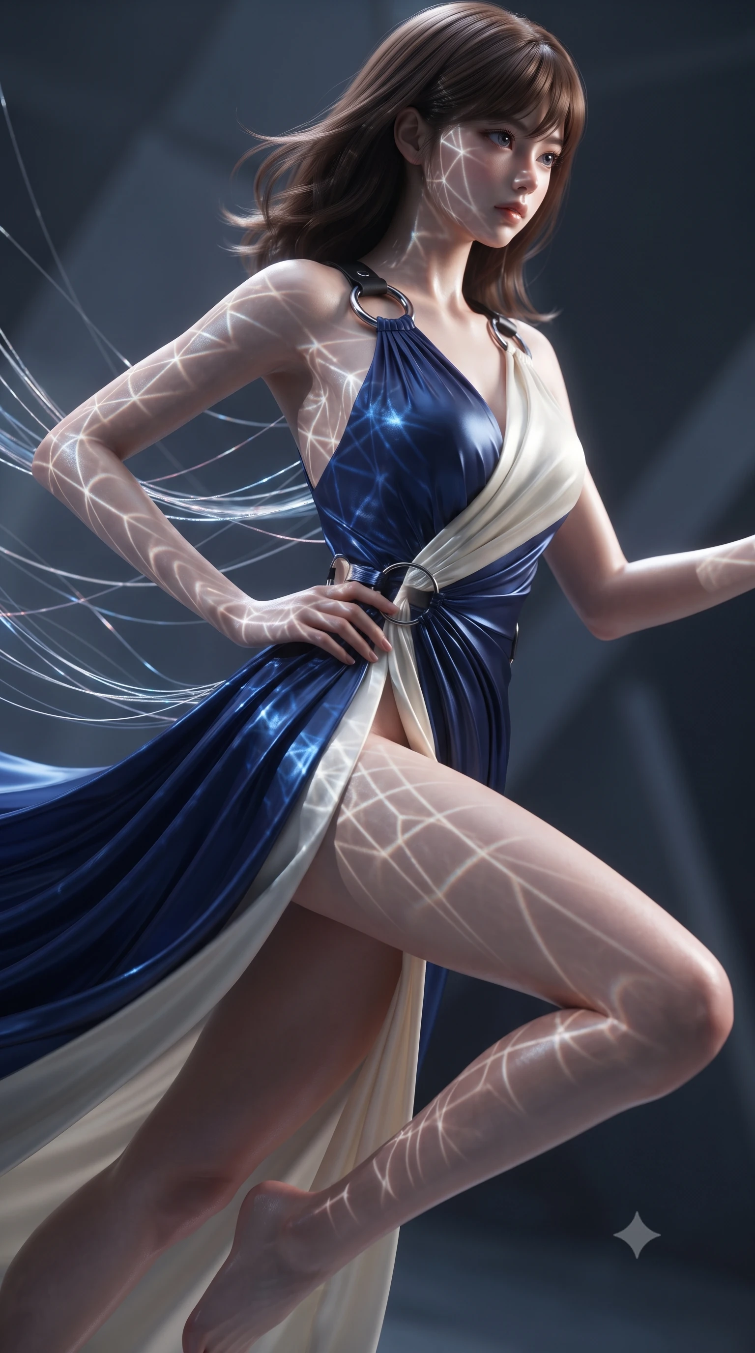 score_9, masterpiece, best quality, ultra-detailed, high-budget anime keyframe, editorial fashion photography, tasteful artistic composition, Korean woman. close-up cowboy shot from the waist and thighs up, the character dominates the composition, filling the frame with her large presence, background elements kept in soft focus. Holding a powerful dynamic pose with one hand on her hip and body angled dramatically toward the key light while leaping across a geometric light matrix with glowing filament threads fluttering behind her, intricate geometric lattice patterns of light projected onto her skin. She has an exceptionally elegant, slender, and willowy female figure with an ultra-slim waist, a gracefully sculpted slender torso, and a refined silhouette. sharp v-shaped jawline, high-bridge nose, intricate jewel-like eyes with depth, thick eyelashes, glossy lips with a natural sheen, flawlessly proportioned anatomical accuracy, natural body alignment, perfectly sculpted elegant limbs, clean dynamic posture without body distortion. wearing an asymmetrical Grecian draped chiffon gown with a metallic shoulder ring in matte black and polished silver, crafted from smooth liquid silk, accented with delicate chrome ring hardware framing her waist, the sleek second-skin texture accentuating her magnetic presence. bathed in sharp geometric laser grid highlights and soft ambient fill. ultra-reflective glossy finish, specular highlights, metallic sheen, high-contrast stereoscopic depth, volumetric dynamic lighting, 2k, ultra detail, master piece, 9:16 ratio