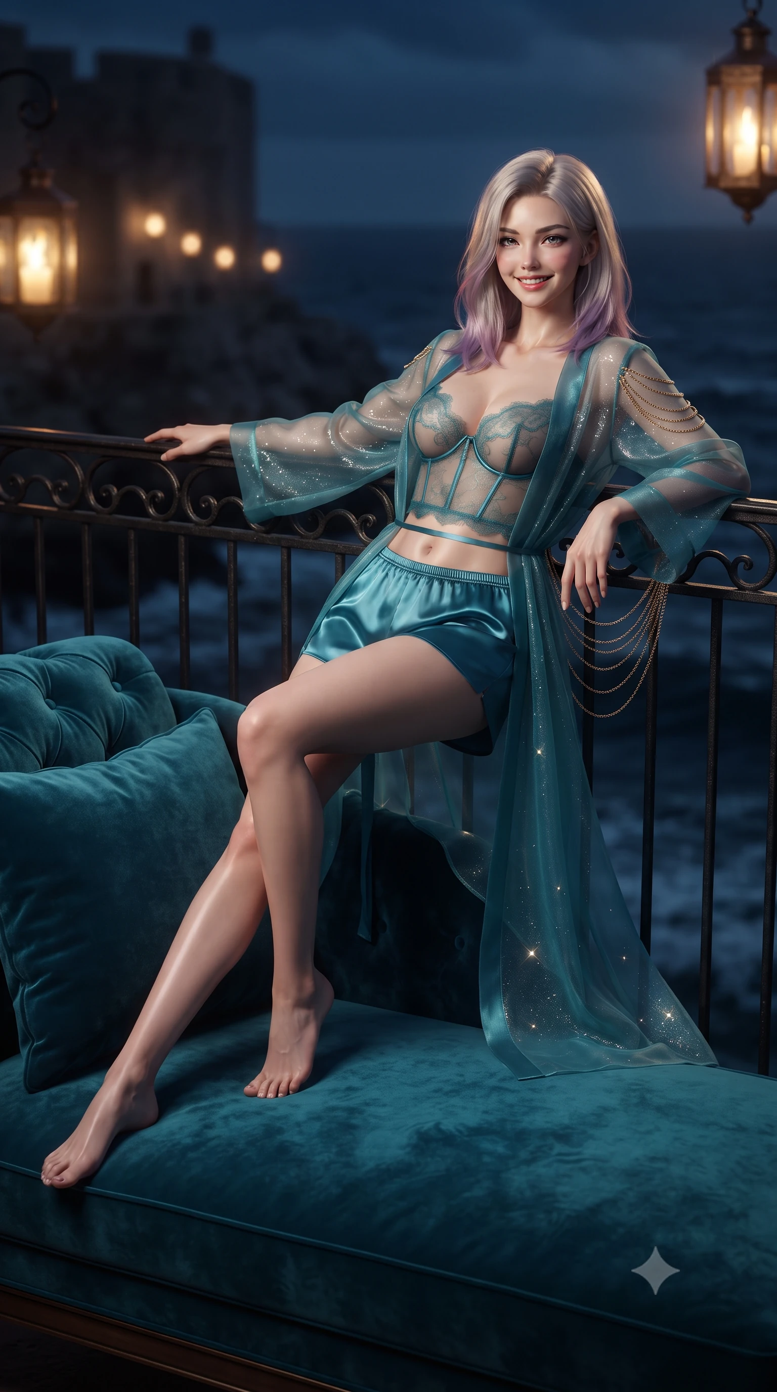 score_9, masterpiece, best quality, ultra-detailed, high-budget anime keyframe, editorial fashion photography, tasteful artistic composition, Caucasian woman. low angle full-body shot from head to toe showing her feet, filling the entire 9:16 vertical frame with her statuesque presence, stretching her vertical silhouette. reclining gracefully across the plush chaise lounge with one leg extended, her sculpted silhouette and flat midriff radiating magnetic nocturnal glamour while leaning against the hand-forged iron railing with hips cocked back, casting an intoxicating smoldering bedroom-gaze over the stormy dark sea. The background shows a soft-focus swinging wrought-iron lantern flames softened in dramatic medieval coastal fortification shallow focus. She has an exceptionally tall and slender model-like 8.5-heads proportion, an ultra-slim waist, a flat toned midriff, narrow delicate ribcage, and beautifully sculpted feminine hips creating a graceful, slim hourglass silhouette without any bulky heaviness, with impossibly long slender legs. sharp v-shaped jawline, high-bridge nose, intricate jewel-like sparkling eyes with depth, thick eyelashes, glossy parted lips with a natural peach sheen, bright cheerful beaming smile with an enchanting and coquettish sensual glint, exuding both youthful cute charm and seductive allure, flawlessly proportioned anatomical accuracy, strict slender model proportions, natural body alignment, perfectly sculpted long slender limbs, ultra-slim waistline, clean dynamic posture without body distortion. wearing a delicate translucent silk organza wrap robe worn loose over a sheer lace demi-bustier and satin tap pants in Mediterranean bioluminescent teal and radiant pearl, woven from stretch metallic lurex jersey casting radiant starlight glints across her curves, accented with an open-back drape framed by falling strands of delicate gold chains, the glove-like clinging cut tightly following the natural contour of her hips and long slender legs with youthful 8.5-heads elegance. bathed in the warm dancing 2200K incandescent glow of heavy nautical brass lanterns contrasted with deep navy ocean ambient. ultra-reflective glossy finish, specular highlights, rich textural contrasts, high-contrast stereoscopic depth, volumetric dynamic lighting, 2k, ultra detail, master piece, 9:16 ratio