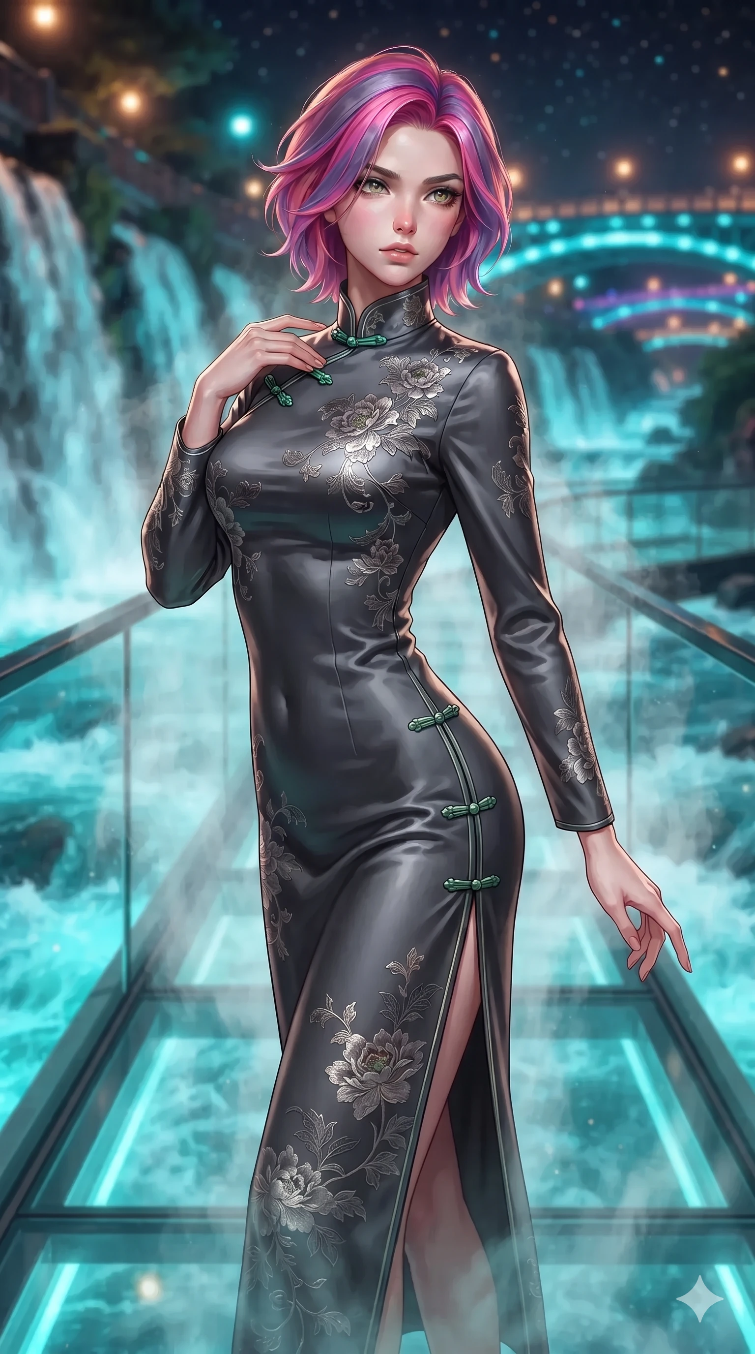 score_9, masterpiece, best quality, ultra-detailed, high-budget anime keyframe, editorial fashion photography, tasteful artistic composition, Caucasian woman. close-up cowboy shot from the waist and thighs up, the character dominates the composition, filling the frame with her large presence. twisting her slender torso in a deep contrapposto stance, hips dramatically shifted to accentuate her feminine curves while looking past her shoulder with smoldering bedroom-eyes while standing poised at the center of the transparent span, arching her lower back with sovereign supermodel grace as mineral waterfall mist rises around her. The background shows a soft-focus cascading illuminated thermal waterfalls, rushing turquoise water beneath transparent glass, and distant neon bridges blurred into turquoise, sapphire, and amber bokeh. She has an exceptionally elegant, slender, and willowy female figure with an ultra-slim waist, flat toned midriff, narrow ribcage, and sculpted feminine hips creating an alluring, slim hourglass silhouette without bulk. sharp v-shaped jawline, high-bridge nose, intricate jewel-like sparkling eyes with depth, thick eyelashes, glossy parted lips with a natural sheen, intensely captivating and seductive bedroom-eyes expression, exuding both youthful cute charm and sovereign luxury allure, flawlessly proportioned anatomical accuracy, strict slender model proportions, natural body alignment, perfectly sculpted long slender limbs, ultra-slim waistline, clean dynamic posture without body distortion. wearing a prestigious high-neck long-sleeve silk cheongsam evening gown with modest silhouette and embroidered floral crests in charcoal grey and polished chrome, woven from high-density tech-wool with subtle metallic thread weave, finished with sleek jade frog closures glinting along her high collar, the impeccably tailored cut draping gracefully along her slender figure with aristocratic poise. bathed in the vibrant underwater turquoise illumination filtering through the glass floor mixed with warm overhead starlight. ultra-reflective glossy finish, specular highlights, rich textural contrasts, high-contrast stereoscopic depth, volumetric dynamic lighting, 2k, ultra detail, master piece, 9:16 ratio