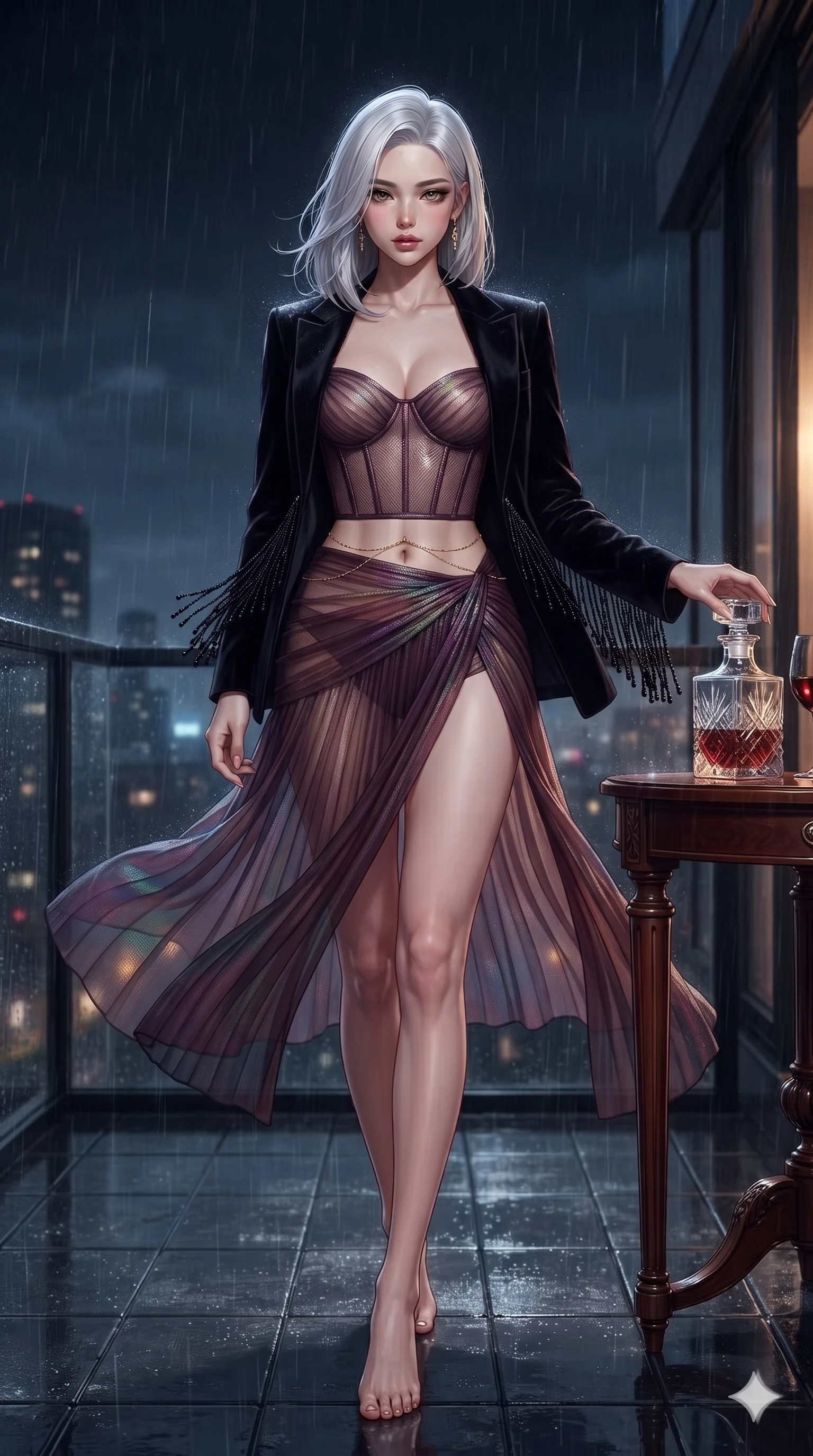 score_9, masterpiece, best quality, ultra-detailed, high-budget anime keyframe, editorial fashion photography, tasteful artistic composition, Korean woman. low angle full-body shot from head to toe showing her feet, filling the entire 9:16 vertical frame with her statuesque presence, stretching her vertical silhouette. striding across the rain-swept glass terrace, nocturnal breezes whipping her garments open to accentuate her long slender legs and curvy hips while twisting her slender torso in an alluring S-curve while reaching for a vintage crystal decanter, her dark tailored fit highlighting her hourglass curves. The surrounding environment is rendered in vivid detail and crisp panoramic clarity: detailed tailored velvet jacket drape, fine jet-black beaded tassels, and vintage woodwork in razor-sharp precision. She has an exceptionally tall and slender model-like 8.5-heads proportion, an ultra-slim waist, a flat toned midriff, narrow delicate ribcage, and beautifully sculpted feminine hips creating a graceful, slim hourglass silhouette without any bulky heaviness, with impossibly long slender legs. sharp v-shaped jawline, high-bridge nose, intricate jewel-like dark sparkling eyes with dangerous depth, thick curled eyelashes, glossy parted lips with a rich wine sheen, smoldering seductive half-smile with bedroom-eyes, exuding effortless superiority and intoxicating dark allure, flawlessly proportioned anatomical accuracy, strict slender model proportions, natural body alignment, perfectly sculpted long slender limbs, ultra-slim waistline, clean dynamic posture without body distortion. wearing a translucent iridescent micro-mesh corset dress with wet-look second-skin cling tracing her feminine curves in dark mulberry wine and antique champagne, crafted from semi-sheer pleated silk chiffon layered over an opaque second-skin underlayer, accented with a dainty gold belly chain resting across her flat midriff and curving hips, the high-slit wrap tailoring accentuating her ultra-slim waistline and the enchanting curve of her feminine hips with alluring seductive charm. illuminated by polished mahogany table bounce and sharp amber-bronze rim lights defining her razor-sharp jawline, narrow waist, and curvy hips. ultra-reflective glossy finish, specular highlights, rich textural contrasts, high-contrast stereoscopic depth, volumetric dynamic lighting, 2k, ultra detail, master piece, 9:16 ratio