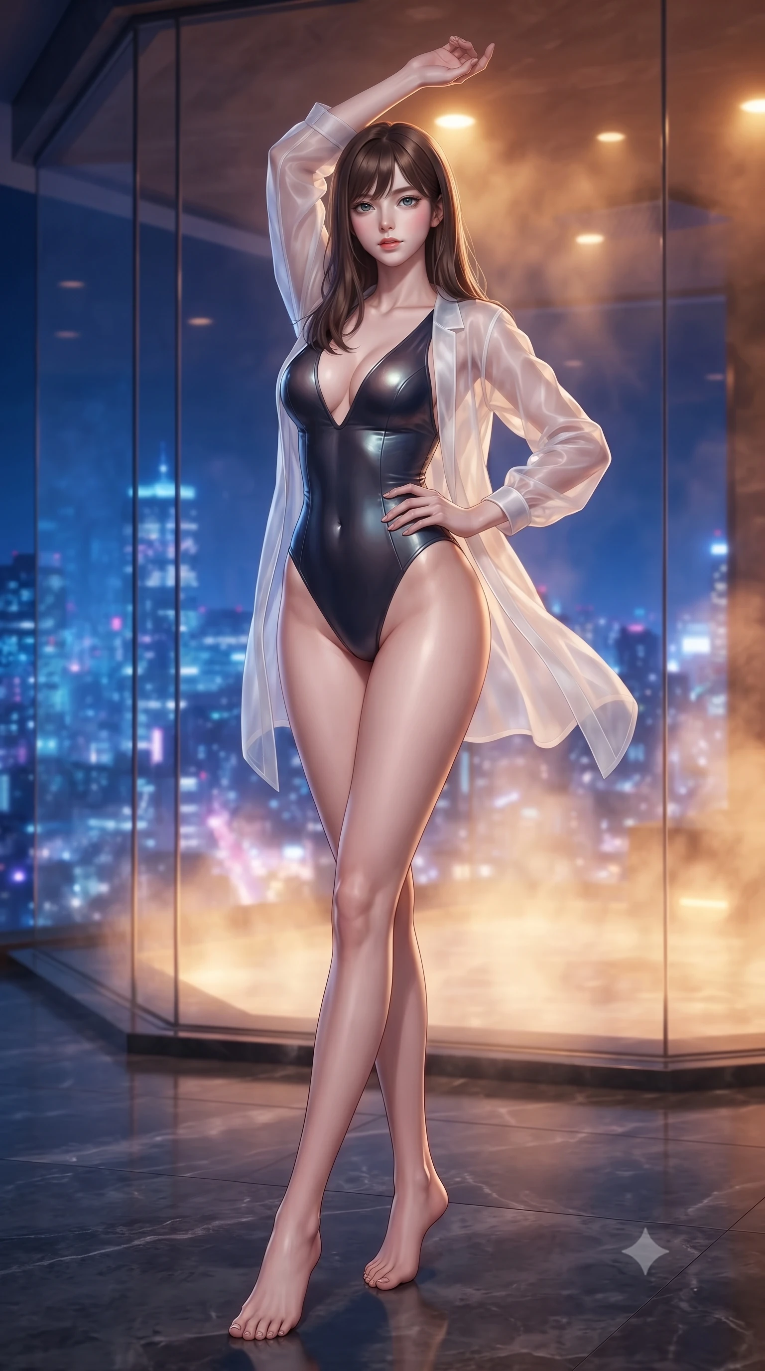 score_9, masterpiece, best quality, ultra-detailed, high-budget anime keyframe, editorial fashion photography, tasteful artistic composition, Korean woman woman. low angle full-body shot from head to toe showing her feet, filling the entire 9:16 vertical frame with her statuesque presence, stretching her vertical silhouette. posing confidently with one hand on her hip, stretching her statuesque body to emphasize her curves the background shows a soft-focus a high-rise private steam room with glass walls overlooking the city lights at night. She has an absolutely perfect, statuesque 8.5-heads proportion, an exceptionally tall and slender model-like female figure with impossibly long slender legs and an ultra-slim waist. sharp v-shaped jawline, high-bridge nose, intricate jewel-like eyes with depth, thick eyelashes, glossy lips with a natural sheen. wearing a body-hugging semi-transparent white organza resort cover-up worn over a form-fitting one-piece swimsuit. glittering blue and violet city skyline lights contrasting with warm steam glow. ultra-reflective glossy finish, specular highlights, metallic sheen, high-contrast stereoscopic depth, volumetric dynamic lighting, 2k, ultra detail, master piece, 9:16 ratio
