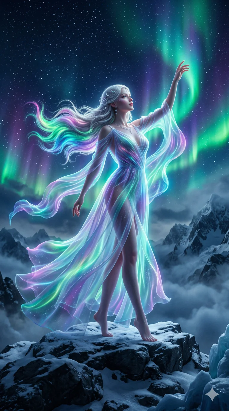 score_9, masterpiece, best quality, ultra-detailed, photorealistic 8k CG render, an incredibly beautiful ethereal Caucasian woman with flawless pale skin (strictly human ears). Dynamic full-body shot stretching vertically. She is a goddess of the aurora, her dress weaving northern lights. She has an absolutely perfect 8-heads proportion, a towering female figure with long slender legs and a delicate skinny aesthetic. Her face is a masterpiece with silver hair transitioning into aurora colors. She is wearing a sheer fabric gown glowing with aurora light, highlighting her alluring silhouette. Starry sky and volumetric fog, dramatic rim lighting, radiant glowing skin, 2k, ultra detail, master piece, 9:16 ratio
