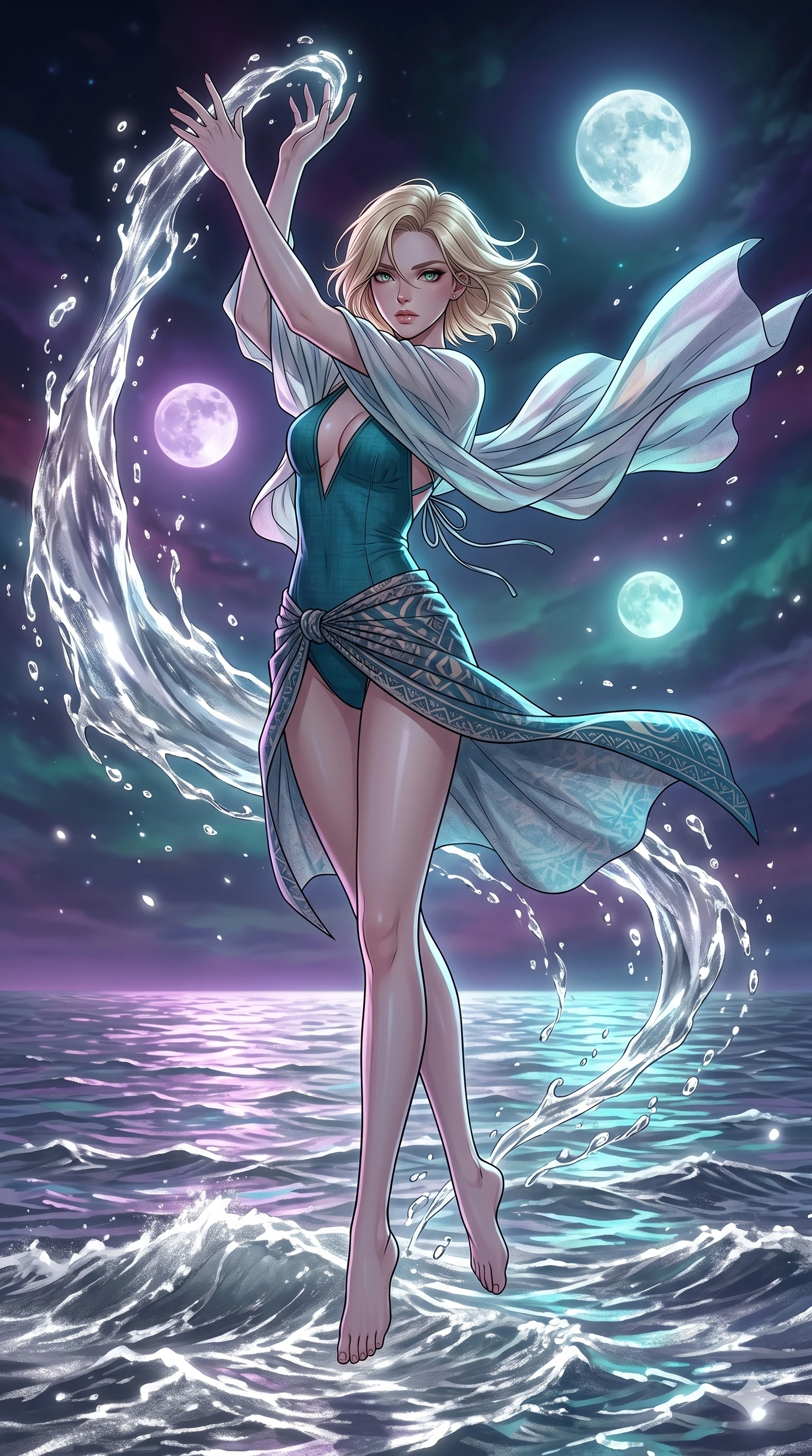 score_9, masterpiece, best quality, ultra-detailed, high-budget anime movie keyframe, cinematic anime lighting, intricate line art, Caucasian (strictly human ears) woman. Mid-air action shot capturing a graceful twist and vertical silhouette. commanding the tides of a silver ocean under three moons. She has an absolutely perfect 8-heads proportion, an exceptionally tall and slender female figure with graceful and slender proportions. strictly human anatomy, two legs only, no extra limbs, clearly defined legs and arms, perfect anatomy, perfect hands and fingers. sharp v-shaped jawline, high-bridge nose, intricate jewel-like eyes, thick eyelashes, glossy lips. Wearing Seasonal/Resort: Elegant one-piece with sarong, linen sundress with tie-back, and light fabric wrap. The scene is illuminated by dramatic atmospheric lighting and vibrant color palettes. , 2k, ultra detail, master piece, 9:16 ratio