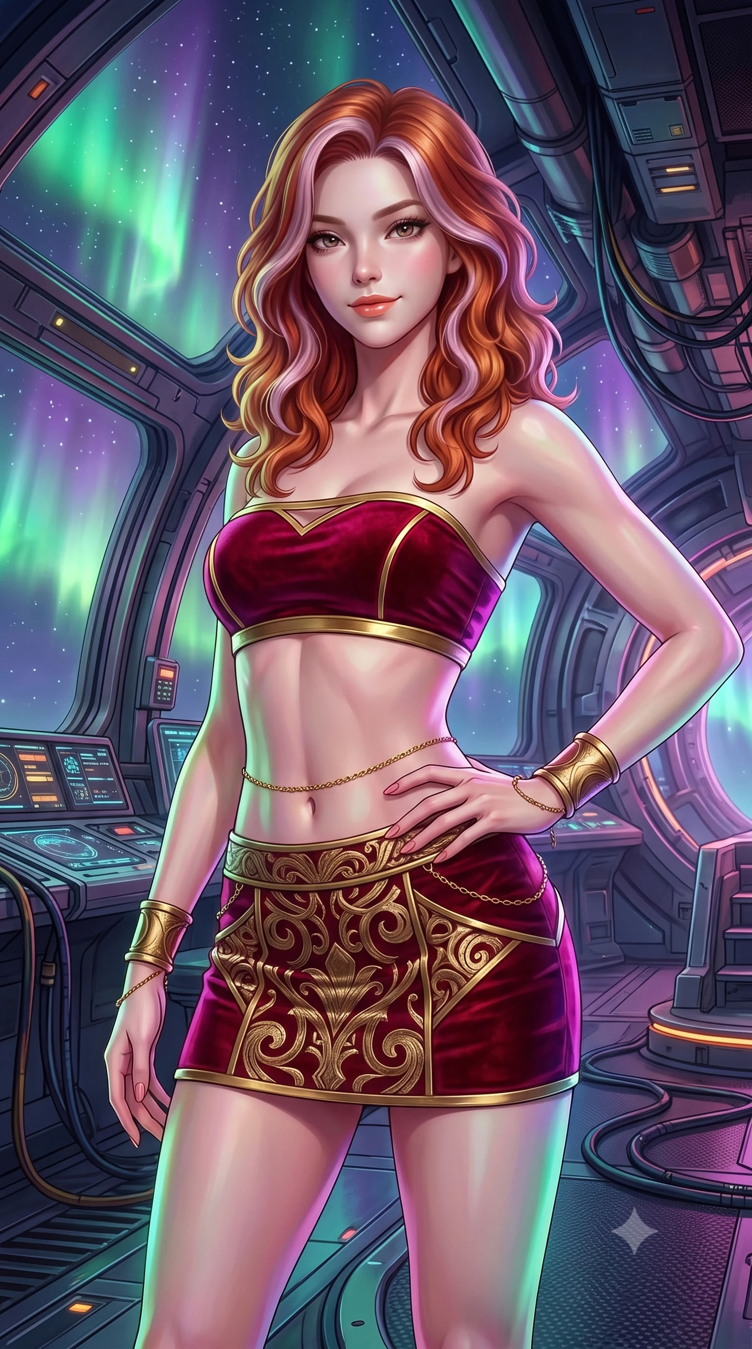 score_9, masterpiece, best quality, ultra-detailed, high-budget anime keyframe, semi-realistic 3D game render, editorial fashion photography, tasteful artistic composition, Caucasian woman. close-up cowboy shot from the waist and thighs up, the character dominates the composition, filling the frame with her large presence. tilting her head with a teasing half-smile, running one hand slowly down the side of her hip in a flirtatious S-curve as ambient light caresses her silhouette while twisting her slender torso in an alluring contrapposto stance, aurora light ribbons wrapping around her narrow waist and curvy hips. The surrounding environment is rendered in vivid detail and crisp panoramic clarity: detailed anime keyframe lines, rich glossy textures, and cutting-edge orbital station structure in razor-sharp precision. She has an exceptionally elegant, slender, and willowy female figure with an ultra-slim waist, flat toned midriff, narrow ribcage, and sculpted feminine hips creating an alluring, slim hourglass silhouette without bulk. sharp v-shaped jawline, high-bridge nose, intricate jewel-like sparkling eyes with depth, thick eyelashes, glossy parted lips with a natural peach sheen, bright cheerful beaming smile with an enchanting and coquettish sensual glint, exuding both youthful cute charm and seductive allure, flawlessly proportioned anatomical accuracy, strict slender model proportions, natural body alignment, perfectly sculpted long slender limbs, ultra-slim waistline, clean dynamic posture without body distortion. wearing an ultra-cropped tech-wear bandeau top paired with a micro mini skirt revealing her flat toned midriff in Cyber-Baroque gilded gold and royal crimson velvet, tailored from high-density tech-wool with subtle metallic thread weave, accented with a dainty gold belly chain resting across her flat midriff and curving hips, the bespoke structured tailoring following the natural line of her 8.5-heads silhouette with refined elegance. bathed in iridescent green and purple polar aurora luminescence mixed with crisp white starlight. highly saturated vibrant anime colors, detailed shading with soft gradients, rich glossy textures, high-contrast stereoscopic depth, volumetric dynamic lighting, master piece, 9:16 ratio
