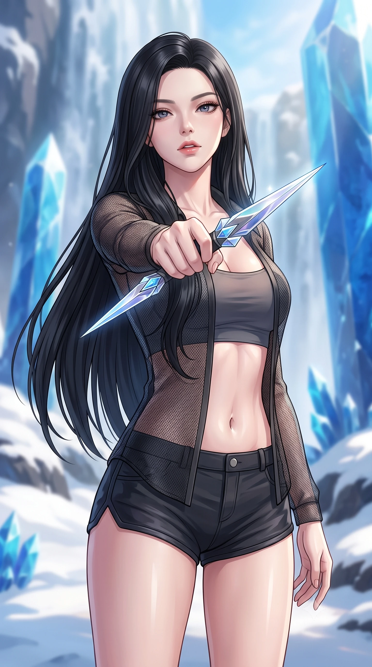 score_9, masterpiece, best quality, ultra-detailed, high-budget anime keyframe, editorial fashion photography, tasteful artistic composition, Korean woman. close-up cowboy shot from the waist and thighs up, the character dominates the composition, filling the frame with her large presence, background elements kept in soft focus. pointing a crystal-edged laser dagger forward in a defensive stance, tilting her chin up slightly with lips parted in a composed pose, the background shows a soft-focus a waterfall peak deck with snow drifts and blue quartz pillars. She has an exceptionally elegant, slender, and willowy female figure with an ultra-slim waist, a gracefully sculpted slender torso, and a refined silhouette. sharp v-shaped jawline, high-bridge nose, intricate jewel-like eyes with depth, thick eyelashes, glossy lips with a natural sheen. wearing a body-hugging lightweight carbon-mesh cover-up shirt worn open over a crop top and high-cut combat shorts. bright morning starlight highlighting white snow and blue crystal in vivid tones. highly saturated vibrant anime colors, detailed shading with soft gradients, rich glossy textures, high-contrast stereoscopic depth, volumetric dynamic lighting, master piece, 9:16 ratio