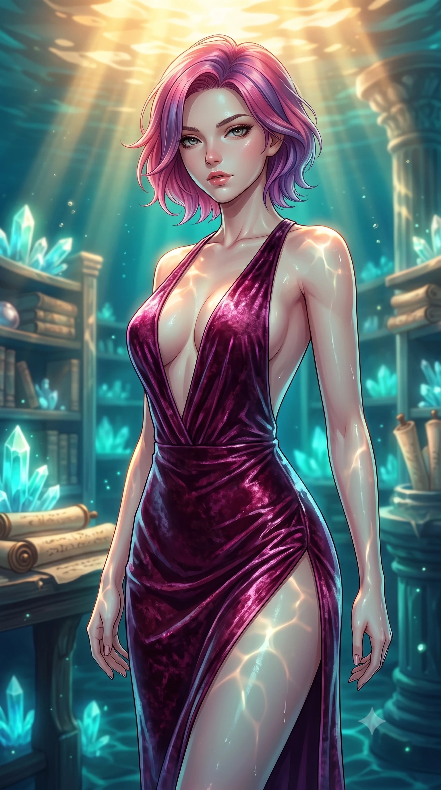 score_9, masterpiece, best quality, ultra-detailed, high-budget anime keyframe, editorial fashion photography, tasteful artistic composition, Caucasian woman. close-up cowboy shot from the waist and thighs up, the character dominates the composition, filling the frame with her large presence, background elements kept in soft focus. Leaning slightly forward with a composed, seductive gaze under soft glowing light standing beside a pearl archive sanctuary filled with glowing sea crystals, golden sunbeams penetrating deep turquoise water creating caustic light patterns. She has an exceptionally elegant, slender, and willowy female figure with an ultra-slim waist, a gracefully sculpted slender torso, and a refined silhouette. sharp v-shaped jawline, high-bridge nose, intricate jewel-like eyes with depth, thick eyelashes, glossy lips with a natural sheen. wearing a backless crushed velvet gown with a deep plunging V-neckline and a high thigh slit, the glove-like fit emphasizing her statuesque silhouette. illuminated by luminous aqua bioluminescence and warm golden top lighting. highly saturated vibrant anime colors, detailed shading with soft gradients, rich glossy textures, high-contrast stereoscopic depth, volumetric dynamic lighting, master piece, 9:16 ratio