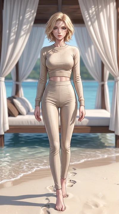 score_9, masterpiece, best quality, ultra-detailed, high-budget anime keyframe, editorial fashion photography, tasteful artistic composition, Caucasian woman woman. low angle full-body shot from head to toe showing her feet, filling the entire 9:16 v