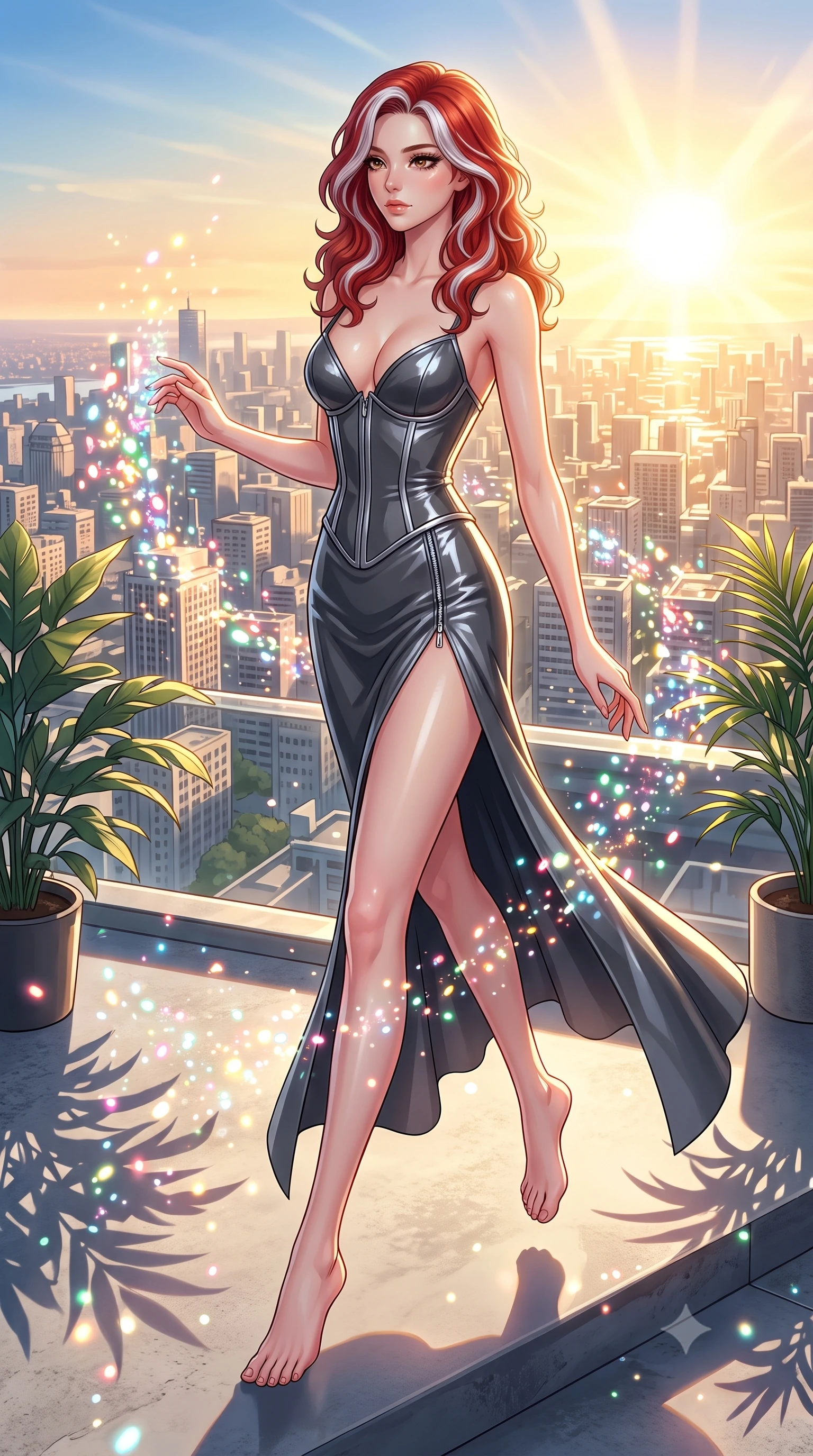 score_9, masterpiece, best quality, ultra-detailed, high-budget anime keyframe, editorial fashion photography, tasteful artistic composition, Caucasian woman. low angle full-body shot from head to toe showing her feet, filling the entire 9:16 vertical frame with her statuesque presence, stretching her vertical silhouette. interacting with glowing light particles, her long slender legs poised in motion, looking out over a sun-drenched city skyline with relaxed elegance, dewy natural skin finish with glossy lips and thick dark lashes. She has an absolutely perfect, statuesque 8.5-heads proportion, an exceptionally tall and slender model-like female figure with impossibly long slender legs and an ultra-slim waist. sharp v-shaped jawline, high-bridge nose, intricate jewel-like eyes with depth, thick eyelashes, glossy lips with a natural sheen. wearing low-cut gothic structured bodice gown with high leg slit in dark charcoal gray, made of high-gloss liquid vinyl, finished with metallic silver boning and sleek zipper points, highlighting her statuesque proportions and ultra-slim waistline. surrounded by a radiant sunlit ambiance with sharp organic leaf shadows. highly saturated vibrant anime colors, detailed shading with soft gradients, rich glossy textures, high-contrast stereoscopic depth, volumetric dynamic lighting, master piece, 9:16 ratio