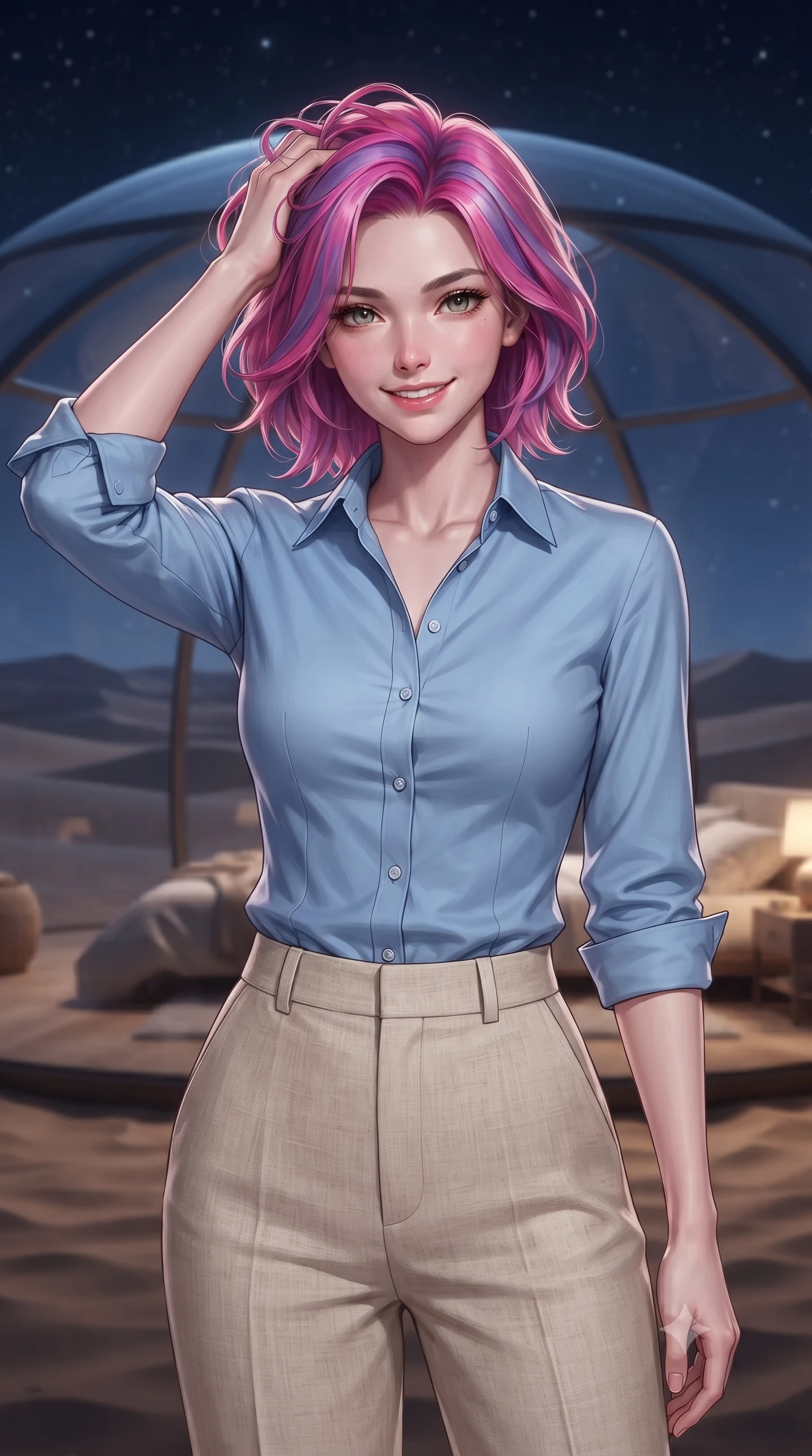 score_9, masterpiece, best quality, ultra-detailed, high-budget anime keyframe, editorial fashion photography, tasteful artistic composition, Caucasian woman. close-up cowboy shot from the waist and thighs up, the character dominates the composition, filling the frame with her large presence, background elements kept in soft focus. smiling with quiet, magnetic self-assurance directly into the camera, running a hand through her hair the background shows a soft-focus a private glass dome bedroom built in the middle of a vast sand desert at night. She has an exceptionally elegant, slender, and willowy female figure with an ultra-slim waist, a gracefully sculpted slender torso, and a refined silhouette. sharp v-shaped jawline, high-bridge nose, intricate jewel-like eyes with depth, thick eyelashes, glossy lips with a natural sheen. wearing a slim-fit tailored sky blue button-down shirt tucked into high-waisted beige linen trousers. soft silver moonlight wrapping her silhouette in a cool cosmic glow. ultra-reflective glossy finish, specular highlights, metallic sheen, high-contrast stereoscopic depth, volumetric dynamic lighting, 2k, ultra detail, master piece, 9:16 ratio