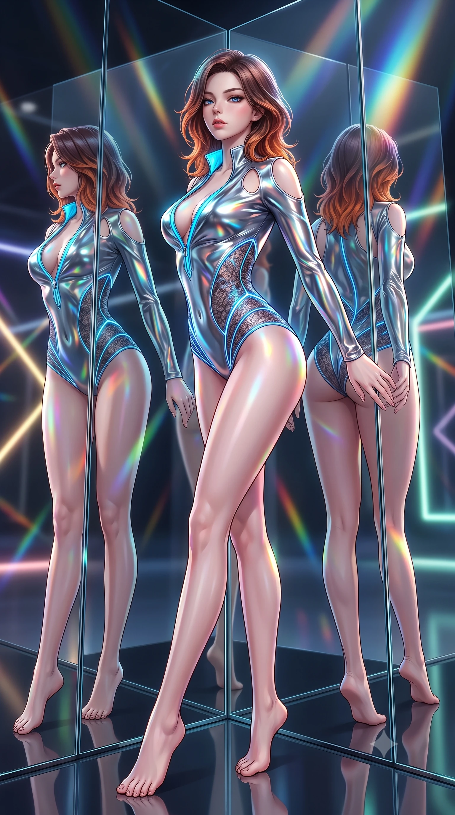 score_9, masterpiece, best quality, ultra-detailed, high-budget anime keyframe, semi-realistic 3D game render, editorial fashion photography, tasteful artistic composition, Korean woman. low angle full-body shot from head to toe showing her feet, filling the entire 9:16 vertical frame with her statuesque presence, stretching her vertical silhouette. arching her back in a fluid zero-gravity turn with sovereign grace, her long slender legs and sculpted torso creating a sweeping line while pausing at the intersection of giant glass mirrors with a haughty, smoldering editorial gaze. The composition keeps background elements in soft focus with creamy bokeh. glowing neon geometric lines scattering radiant specular light across a sleek backdrop. She has an absolutely perfect, statuesque 8.5-heads proportion, an exceptionally tall and slender model-like female figure with impossibly long slender legs and an ultra-slim waist. sharp v-shaped jawline, high-bridge nose, intricate jewel-like eyes with depth, thick eyelashes, glossy lips with a natural sheen, flawlessly proportioned anatomical accuracy, natural body alignment, perfectly sculpted elegant limbs, clean dynamic posture without body distortion. wearing a form-fitting top made of molten liquid-mercury fabric that clings to her curves, with strategic tear-drop shoulder cutouts and a dangerously unzipped front collar in liquid mercury silver and glowing electric cyan, crafted from delicate dark lace interwoven with luminescent micro-fibers, accented with glowing fiber-optic seams tracing her collarbones and hip curves, the form-contouring second-skin material highlighting her ultra-slim waist and long lines. bathed in multi-colored rainbow prism spotlights and intense specular chrome highlights. highly saturated vibrant anime colors, detailed shading with soft gradients, rich glossy textures, high-contrast stereoscopic depth, volumetric dynamic lighting, master piece, 9:16 ratio