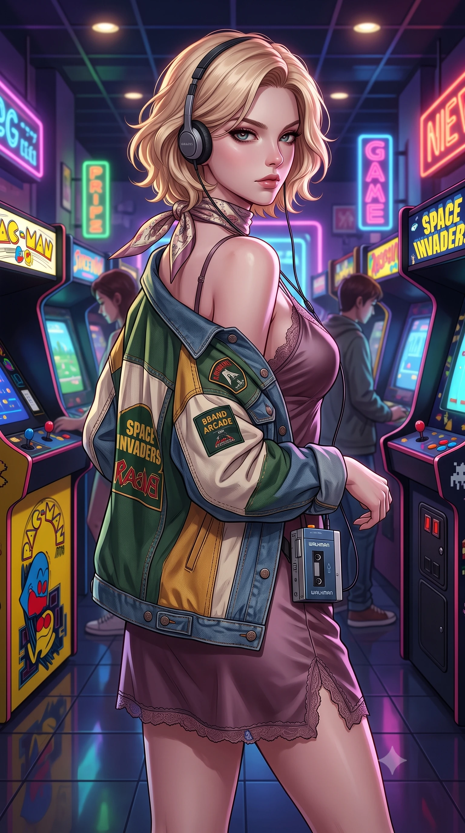 score_9, masterpiece, best quality, ultra-detailed, high-budget anime keyframe, semi-realistic 3D game render, editorial fashion photography, tasteful artistic composition, Caucasian woman. close-up cowboy shot from the waist and thighs up, the character dominates the composition, filling the frame with her large presence. turning over her shoulder with an indomitable, smoldering gaze, her soft hair framing her razor-sharp v-shaped jawline while standing in a buzzing 1980s neon arcade game center, wearing retro on-ear foam headphones plugged into a vintage cassette Walkman. The surrounding environment is rendered in vivid detail and crisp panoramic clarity. detailed denim jacket patches, arcade cabinet side art, and floor neon reflections in high resolution. She has an exceptionally elegant, slender, and willowy female figure with an ultra-slim waist, a gracefully sculpted slender torso, toned flat midriff, and a refined slim silhouette. sharp v-shaped jawline, high-bridge nose, intricate jewel-like eyes with depth, thick eyelashes, glossy lips with a natural sheen, captivating and magnetic expression, flawlessly proportioned anatomical accuracy, strict slender model proportions, natural body alignment, perfectly sculpted long slender limbs, ultra-slim waistline, clean dynamic posture without body distortion. wearing a romantic 90s silk satin slip dress layered under an unbuttoned vintage oversized denim jacket in forest green, cream, and mustard yellow, crafted from ultra-soft brushed fleece and vintage-washed jersey, complemented by a delicate silk scarf tied playfully around her neck, the liquid-tight tailored fabric emphasizing every curve of her tall, slender model proportions and sculptured silhouette during dynamic movement. bathed in multicolored arcade screen glows and vibrant neon alleyway downlights. highly saturated vibrant anime colors, detailed shading with soft gradients, rich glossy textures, high-contrast stereoscopic depth, volumetric dynamic lighting, master piece, 9:16 ratio