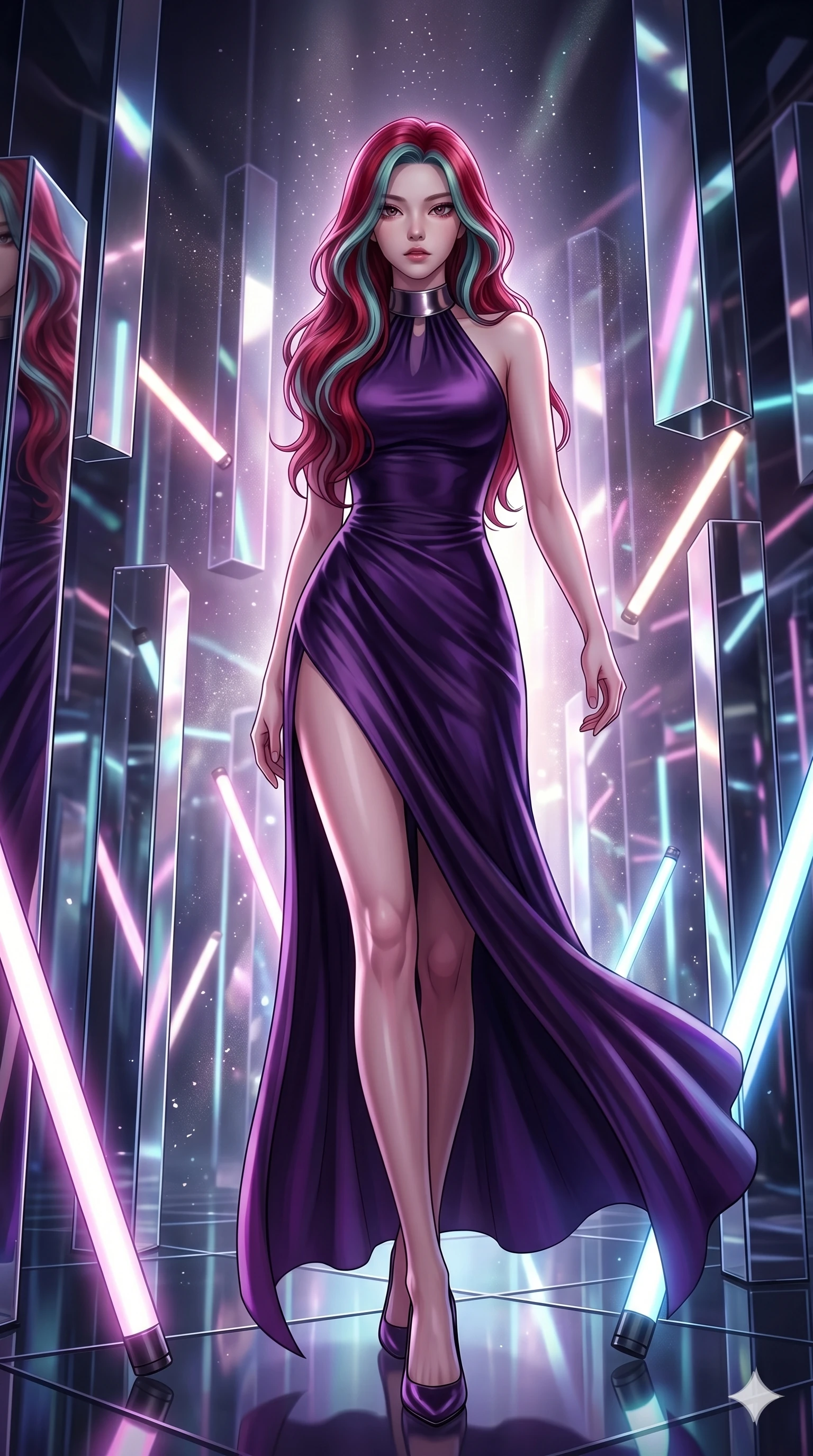 score_9, masterpiece, best quality, ultra-detailed, high-budget anime keyframe, Korean woman. low angle full-body shot filling the entire 9:16 frame with her statuesque presence, stretching the vertical silhouette. navigating a kinetic light-sculpture mirror maze, passing between floating chromium mirror pillars and rotating LED sticks. She has an absolutely perfect 8-heads proportion, an exceptionally tall and slender female figure with impossibly long slender legs and an ultra-slim waist. V-shaped jawline, high-bridge nose, intricate jewel-like eyes with depth, thick eyelashes, glossy lips with a natural sheen.. wearing a gothic liquid silk gown, featuring a deep purple liquid silk maxi gown draped around her, secured by a metallic choker collar, with a high side slit. illuminated by dramatic chiaroscuro casting soft shadows along her curves, with vibrant backlighting highlighting the dust particles. 2k, ultra detail, master piece, 9:16 ratio