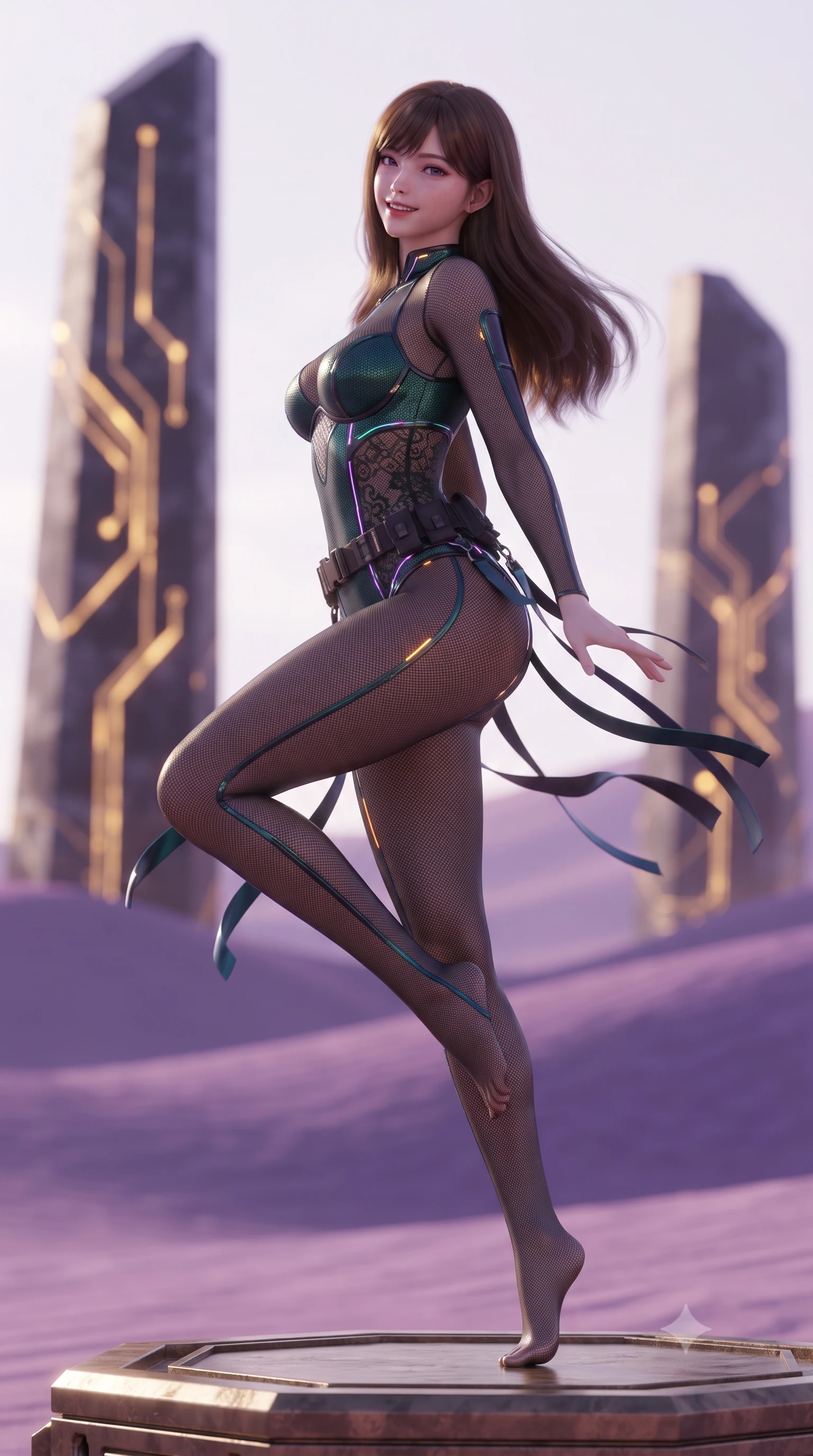 score_9, masterpiece, best quality, ultra-detailed, high-budget anime keyframe, editorial fashion photography, tasteful artistic composition, Korean woman. low angle full-body shot from head to toe showing her feet, filling the entire 9:16 vertical frame with her statuesque presence, stretching her vertical silhouette. executing a cheerful mid-motion pivot turn as her tactical belt and ribbons flutter around her slender legs, glancing over her shoulder with an intoxicating, teasing bedroom-gaze while lounging on an ancient metallic plinth with legs crossed, her futuristic combat suit contrasting magnificently with the vast alien desert. The background shows a soft-focus soaring obsidian monoliths with glowing golden circuit etchings and rolling violet sand dunes blurred into copper, amethyst, and gold bokeh. She has an absolutely perfect, statuesque 8.5-heads proportion, an exceptionally tall and slender model-like female figure with impossibly long slender legs, an ultra-slim waist, a flat toned midriff, narrow delicate ribcage, and beautifully sculpted feminine hips creating a graceful, slim hourglass silhouette without any bulky heaviness. sharp v-shaped jawline, high-bridge nose, intricate jewel-like sparkling eyes with depth, thick eyelashes, glossy parted lips with a natural sheen, bright confident smile with an enchanting and coquettish sensual glint, exuding both youthful magnetic charm and sovereign high-tech allure, flawlessly proportioned anatomical accuracy, strict slender model proportions, natural body alignment, perfectly sculpted long slender limbs, ultra-slim waistline, clean dynamic posture without body distortion. wearing a form-contouring semi-opaque dark mesh catsuit with carbon-plated cups and fine lace-pattern panels across her torso in dark emerald teal and ultraviolet glow lines, made of high-grade ballistic nylon with precision laser-cut perforations, accented with subtle hexagonal heat-sink vents glowing with dim orange thermal heat, the high-waisted tailoring accentuating her ultra-slim waistline and the enchanting curve of her feminine hips with alluring dark charm. illuminated by glowing monolith circuit veins and sharp golden-amber rim lights sculpting her razor-sharp jawline, narrow waist, and curvy hips. ultra-reflective glossy finish, specular highlights, rich textural contrasts, high-contrast stereoscopic depth, volumetric dynamic lighting, 2k, ultra detail, master piece, 9:16 ratio