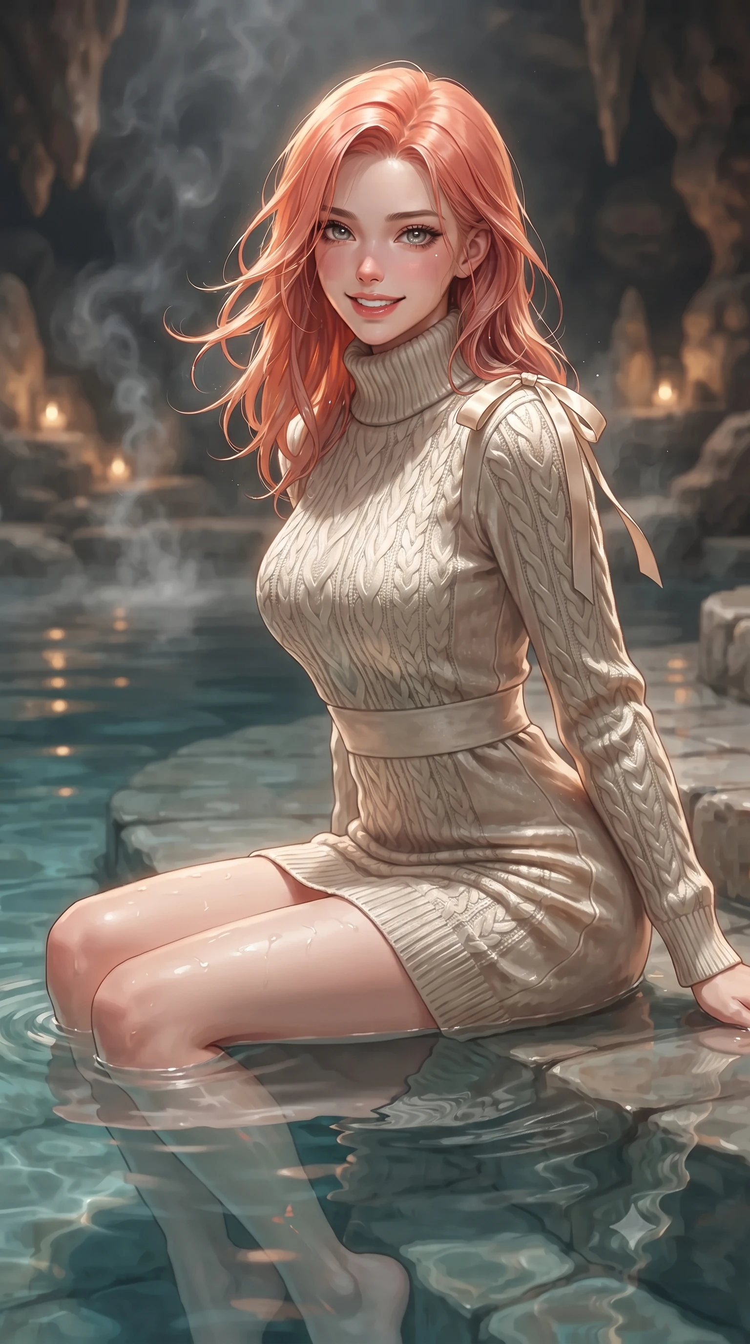 score_9, masterpiece, best quality, ultra-detailed, high-budget anime keyframe, editorial fashion photography, tasteful artistic composition, Japanese woman. close-up cowboy shot from the waist and thighs up, the character dominates the composition, filling the frame with her large presence. turning slowly with an enchanting smoldering smile, her glossy hair tossing in the breeze as her hips angle gracefully in a captivating contrapposto while sitting gracefully on the pool steps with water lapping at her waist and legs extended, flashing a radiant, playful smile with parted glossy lips. The background shows a soft-focus aromatic copal incense smoke softened in holistic subterranean spa shallow focus. She has an exceptionally elegant, slender, and willowy female figure with an ultra-slim waist, flat toned midriff, narrow ribcage, and sculpted feminine hips creating an alluring, slim hourglass silhouette without bulk. sharp v-shaped jawline, high-bridge nose, intricate jewel-like sparkling eyes with depth, thick eyelashes, glossy parted lips with a natural peach sheen, bright cheerful beaming smile with an enchanting and coquettish sensual glint, exuding both youthful cute charm and seductive allure, flawlessly proportioned anatomical accuracy, strict slender model proportions, natural body alignment, perfectly sculpted long slender limbs, ultra-slim waistline, clean dynamic posture without body distortion. wearing an elegant high-collar Nordic merino wool cable-knit sweater dress with belted waistline in Deauville Belle Époque champagne luster and seafoam pearl, tailored from ultra-plush silk velvet with rich tactile depth and deep shadow gradients, finished with satin ribbon ties at the shoulders fluttering in the gentle breeze, the bespoke structured tailoring following the natural line of her 8.5-heads silhouette with refined elegance. illuminated by cave water reflection bounce and sharp honey-gold rim lights defining her razor-sharp jawline, narrow waist, and curvy hips. ultra-reflective glossy finish, specular highlights, rich textural contrasts, high-contrast stereoscopic depth, volumetric dynamic lighting, 2k, ultra detail, master piece, 9:16 ratio