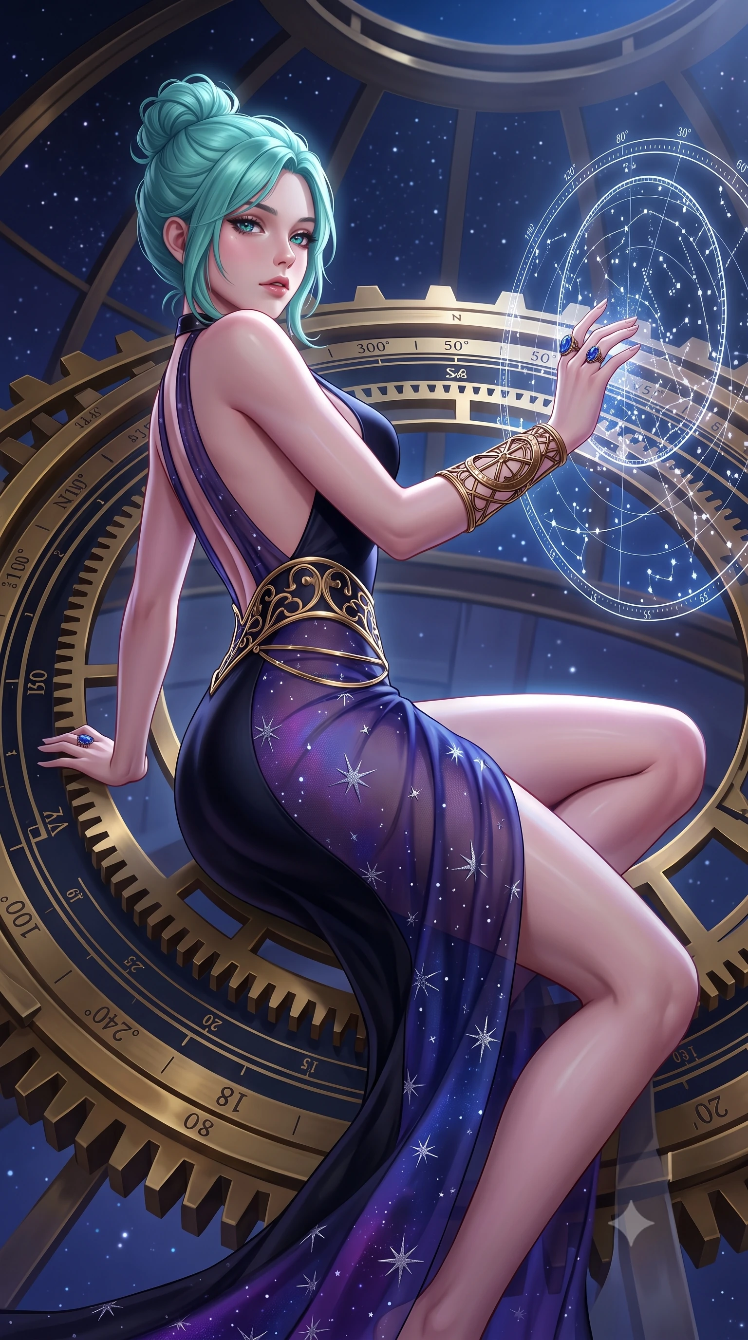 score_9, masterpiece, best quality, ultra-detailed, high-budget anime keyframe, semi-realistic 3D game render, editorial fashion photography, tasteful artistic composition, Japanese woman. low angle full-body shot from head to toe showing her feet, filling the entire 9:16 vertical frame with her statuesque presence, stretching her vertical silhouette. reclining on her side in an elegant Cleopatra pose with one knee drawn up, the dramatic contour of her rounded hips and long slender legs commanding the 9:16 vertical frame while arching her spine in a fluid dancer stretch beneath the open observatory glass dome, fingers lightly tracing a floating star map. The surrounding environment is rendered in vivid detail and crisp panoramic clarity. sharp brass gear teeth, engraved celestial coordinate rings, and star map typography in deep focus. She has an absolutely perfect, statuesque 8.5-heads proportion, an exceptionally tall and slender model-like female figure with impossibly long slender legs, a toned flat midriff, an ultra-slim waist, and beautifully sculpted feminine hips. sharp v-shaped jawline, high-bridge nose, intricate jewel-like eyes with depth, thick eyelashes, glossy parted lips with a natural sheen, intensely captivating and seductive bedroom-eyes expression, flawlessly proportioned anatomical accuracy, strict slender model proportions, natural body alignment, perfectly sculpted long slender limbs, ultra-slim waistline, clean dynamic posture without body distortion. wearing a sleek obsidian column dress with gold filigree hip cincher and plunging backline in deep nebula indigo and celestial starlight violet, made of sheer contouring power-mesh with silver starburst flocking, accessorized with an intricate brass astrolabe armlet and sapphire ring, the second-skin form-contouring cut accentuating her sculpted flat midriff, narrow waistline, and dramatically curvy hips without adding bulk. illuminated by starlight edge lights carving her slender waist, bare collarbones, and feminine hip line. highly saturated vibrant anime colors, detailed shading with soft gradients, rich glossy textures, high-contrast stereoscopic depth, volumetric dynamic lighting, master piece, 9:16 ratio