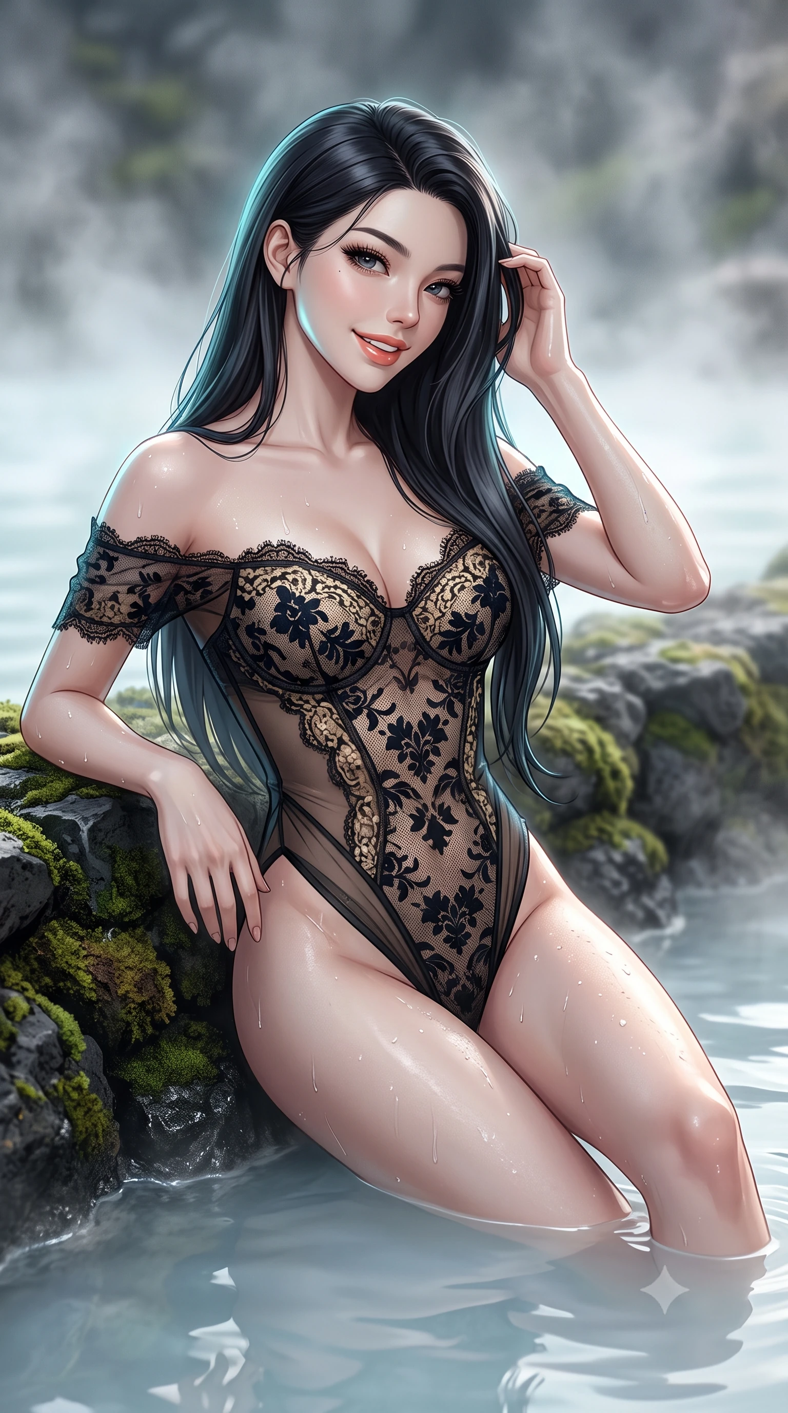 score_9, masterpiece, best quality, ultra-detailed, high-budget anime keyframe, editorial fashion photography, tasteful artistic composition, Korean woman. close-up cowboy shot from the waist and thighs up, the character dominates the composition, filling the frame with her large presence. gently brushing a lock of hair behind her ear while casting a playful, flirtatious side-gaze with long eyelashes while lounging in the warm geothermal water propped on the mossy lava rim with legs extended, her statuesque 8.5-heads silhouette commanding the sanctuary. The background shows a soft-focus rising mineral silica steam softened in ultra-luxury Nordic wellness sanctuary shallow focus. She has an exceptionally elegant, slender, and willowy female figure with an ultra-slim waist, flat toned midriff, narrow ribcage, and sculpted feminine hips creating an alluring, slim hourglass silhouette without bulk. sharp v-shaped jawline, high-bridge nose, intricate jewel-like sparkling eyes with depth, thick eyelashes, glossy parted lips with a natural peach sheen, bright cheerful beaming smile with an enchanting and coquettish sensual glint, exuding both youthful cute charm and seductive allure, flawlessly proportioned anatomical accuracy, strict slender model proportions, natural body alignment, perfectly sculpted long slender limbs, ultra-slim waistline, clean dynamic posture without body distortion. wearing an off-the-shoulder sheer-illusion Spanish lace bodysuit with strategic floral flocking and high-cut leg openings in deep midnight obsidian black and champagne gold, featuring strategic sheer-illusion tulle side panels framing her ribcage and hips, finished with scalloped eyelash lace trim framing her sweetheart neckline with intimate elegance, the high-slit wrap tailoring accentuating her ultra-slim waistline and the enchanting curve of her feminine hips with alluring seductive charm. illuminated by milky water surface specular bounce and sharp platinum-cyan rim lights sculpting her jawline, narrow waist, and curvy hips. ultra-reflective glossy finish, specular highlights, rich textural contrasts, high-contrast stereoscopic depth, volumetric dynamic lighting, 2k, ultra detail, master piece, 9:16 ratio