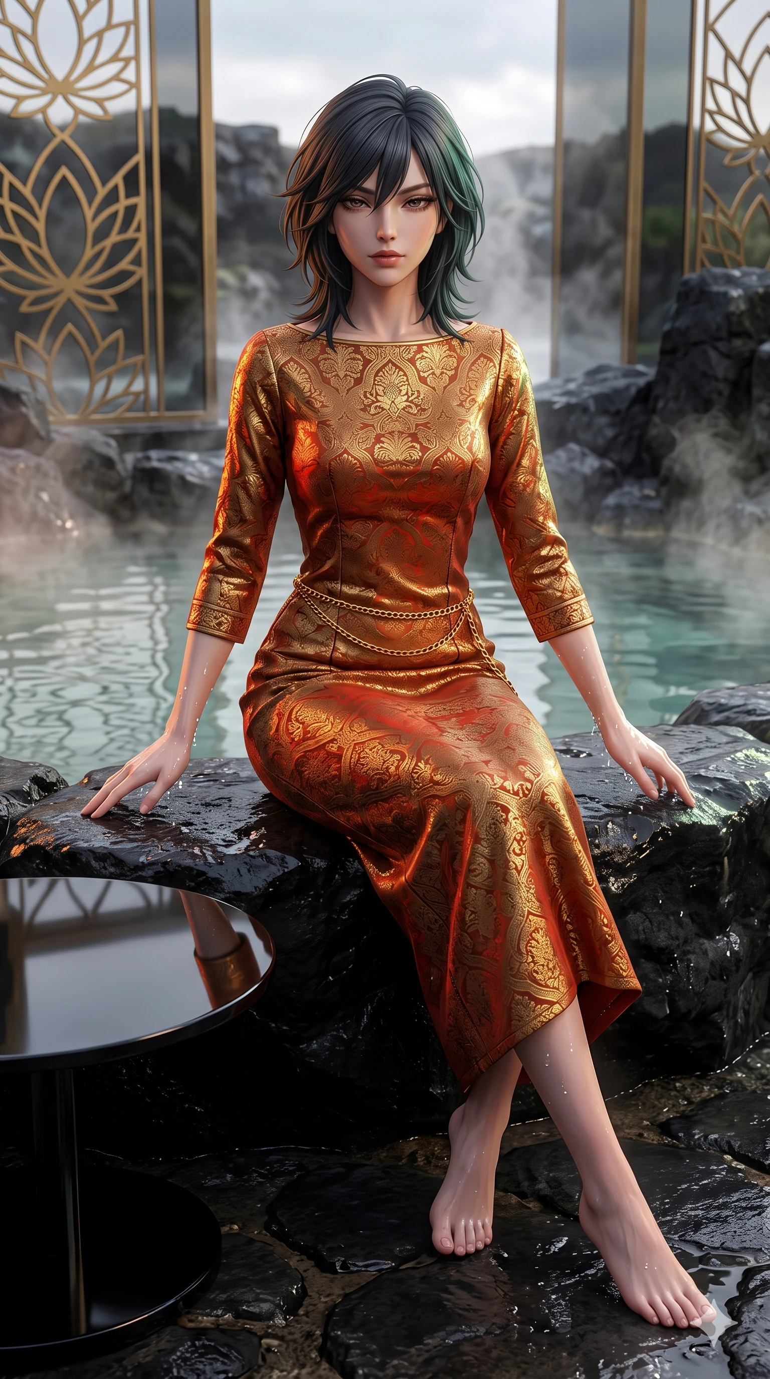 score_9, masterpiece, best quality, ultra-detailed, high-budget anime keyframe, semi-realistic 3D game render, editorial fashion photography, tasteful artistic composition, Caucasian woman. low angle full-body shot from head to toe showing her feet, filling the entire 9:16 vertical frame with her statuesque presence, stretching her vertical silhouette. sitting on the black basalt rock rim of the steaming geothermal lagoon, water droplets beading on her flat midriff and curvy hips while leaning over the black obsidian cocktail table with hips cocked back, looking through geometric lotus screens with heavy-lidded seductive bedroom-eyes. The surrounding environment is rendered in vivid detail and crisp panoramic clarity: sharp brass lotus screen filigree cuts, mirror reflections on smoked glass, and crisp brass corner brackets in deep focus. She has an exceptionally tall and slender model-like 8.5-heads proportion, an ultra-slim waist, a flat toned midriff, narrow delicate ribcage, and beautifully sculpted feminine hips creating a graceful, slim hourglass silhouette without any bulky heaviness, with impossibly long slender legs. sharp v-shaped jawline, high-bridge nose, intricate jewel-like sparkling eyes with depth, thick eyelashes, glossy parted lips with a natural sheen, intensely captivating and seductive bedroom-eyes expression, exuding both youthful cute charm and sovereign luxury allure, flawlessly proportioned anatomical accuracy, strict slender model proportions, natural body alignment, perfectly sculpted long slender limbs, ultra-slim waistline, clean dynamic posture without body distortion. wearing an aristocratic gold-leaf jacquard brocade shift dress with high boat neckline and bracelet sleeves in imperial vermilion silk and warm bronze, woven from high-density tech-wool with subtle metallic thread weave, accented with a delicate gold chain belt resting loosely on her curvy hips, the impeccably tailored cut draping gracefully along her slender figure with aristocratic poise. illuminated by polished table bounce and sharp emerald-amber rim lights defining her razor-sharp jawline, narrow waist, and curvy hips. highly saturated vibrant anime colors, detailed shading with soft gradients, rich glossy textures, high-contrast stereoscopic depth, volumetric dynamic lighting, master piece, 9:16 ratio