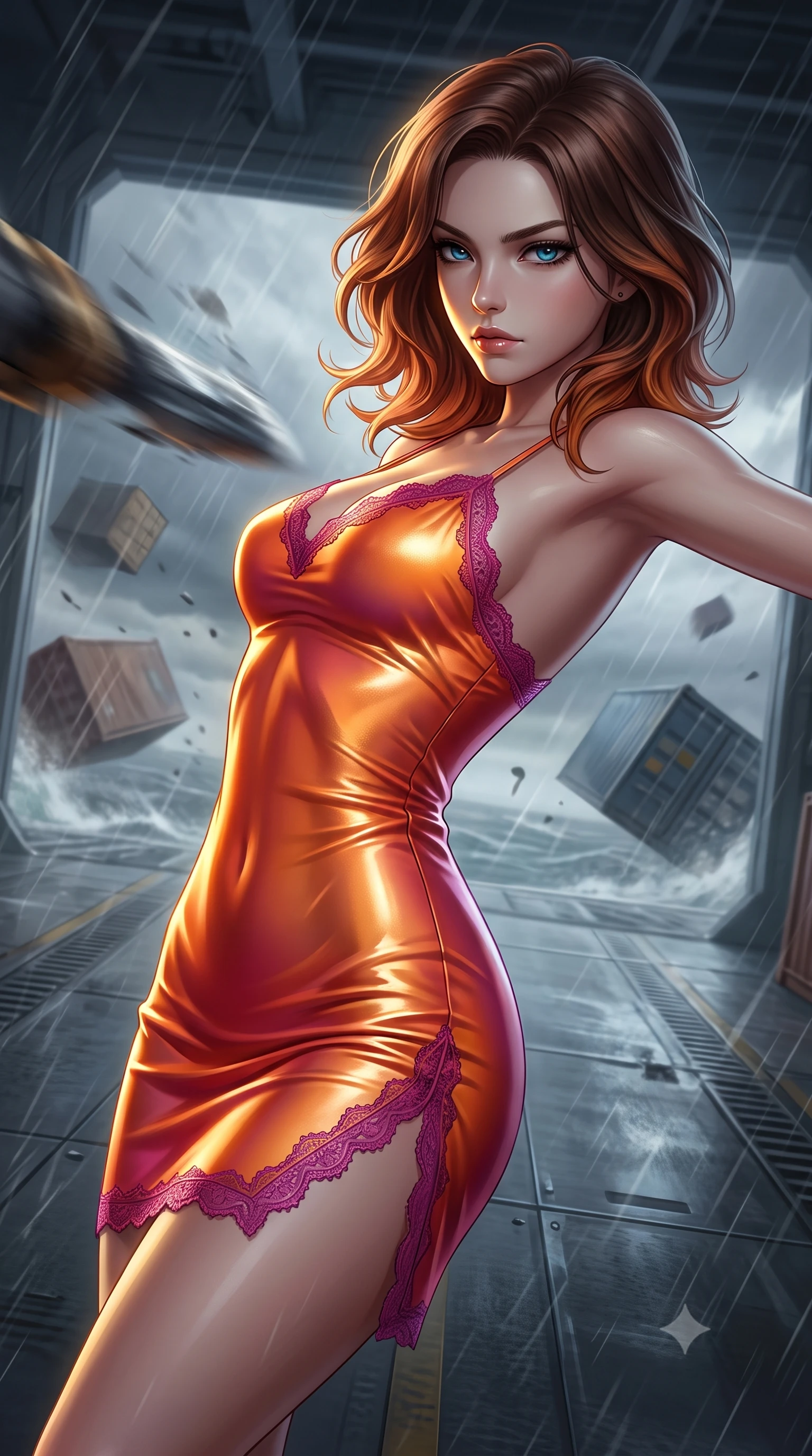score_9, masterpiece, best quality, ultra-detailed, high-budget anime keyframe, editorial fashion photography, tasteful artistic composition, realistic cosplay photography, Korean woman. close-up cowboy shot from the waist and thighs up, the character dominates the composition, filling the frame with her large presence, background elements kept in soft focus. Leaning back to dodge a fast strike with fluid grace, casting a cold side-glare. set against a soft-focus background of the open landing bay of a flying cargo ship during a storm, wind throwing metal shipping containers across the deck. She has an exceptionally elegant and slender, willowy female figure with an ultra-slim waist, a gracefully sculpted slender torso, and a refined slim physique. sharp v-shaped jawline, high-bridge nose, intricate jewel-like eyes with depth, thick eyelashes, glossy lips with a natural sheen. wearing tailored for maximum mobility, sleek form-contouring panels that allow fluid movement, a slim-fit gossamer-thin silk slip dress in a sunset orange gradient, detailed with magenta lace-trimmed edges. dramatic chiaroscuro with a single golden key light sculpting her silhouette. ultra-reflective glossy finish, specular highlights, metallic sheen, high-contrast stereoscopic depth, volumetric dynamic lighting, 2k, ultra detail, master piece, 9:16 ratio