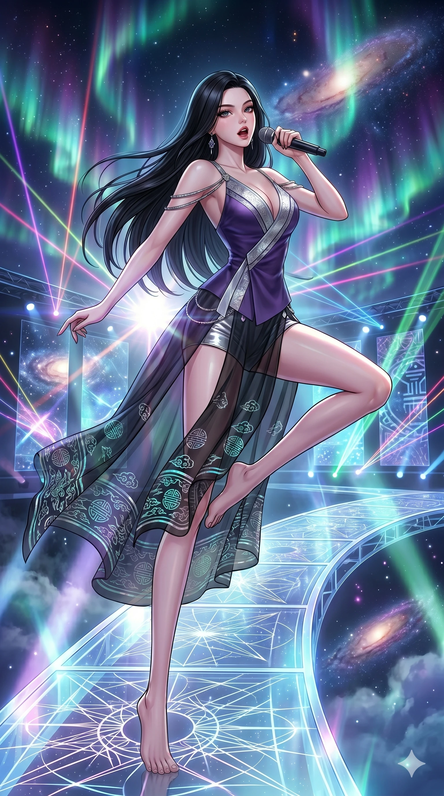 score_9, masterpiece, best quality, ultra-detailed, high-budget anime movie keyframe, cinematic anime lighting, intricate line art, Korean woman. Dynamic full-body shot stretching the vertical silhouette across the 9:16 frame. singing on a laser stage in a celestial bridge made of light amidst aurora borealis. She has an absolutely perfect 8-heads proportion, an exceptionally tall and slender female figure with an ultra-slim waist and impossibly long slender legs. sharp v-shaped jawline, high-bridge nose, intricate jewel-like eyes, thick eyelashes, glossy lips. Wearing modernized deep-plunging silk hanbok-fusion with metallic straps, a high-slit sheer skirt over micro-shorts, and holographic embroidered patterns. The scene is illuminated by dramatic atmospheric lighting and vibrant color palettes. , 2k, ultra detail, master piece, 9:16 ratio