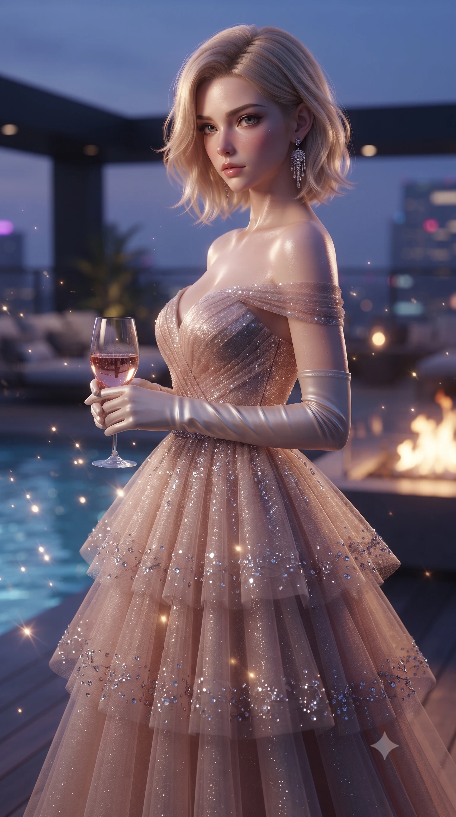 score_9, masterpiece, best quality, ultra-detailed, high-budget anime keyframe, editorial fashion photography, tasteful artistic composition, Caucasian woman. close-up cowboy shot from the waist and thighs up, the character dominates the composition, filling the frame with her large presence. holding her hands loosely in front with regal, aristocratic poise, radiating an overwhelming high-society aura while holding a chilled glass of vintage rosé, casting a smoldering, confident gaze over her shoulder into the lens. The composition keeps background elements in soft focus with creamy bokeh. shimmering pool caustics and city neon reflections scattering radiant light motes across the deck. She has an exceptionally elegant, slender, and willowy female figure with an ultra-slim waist, a gracefully sculpted slender torso, toned flat midriff, and a refined slim silhouette. sharp v-shaped jawline, high-bridge nose, intricate jewel-like eyes with depth, thick eyelashes, glossy lips with a natural sheen, captivating and magnetic expression, flawlessly proportioned anatomical accuracy, strict slender model proportions, natural body alignment, perfectly sculpted long slender limbs, ultra-slim waistline, clean dynamic posture without body distortion. wearing a tiered crystal-embellished tulle ballgown with an exposed clavicle neckline and sweetheart bustier in dusky blush rose and champagne shimmer, tailored from liquid silk jersey adhering flawlessly to her slender build, complemented by opera-length satin gloves and sparkling chandelier earrings, the sleek tailored cut tightly hugging her graceful clavicle, narrow waist, and feminine curves with statuesque precision. bathed in twilight indigo sky tones and warm amber rooftop fire pit glow. ultra-reflective glossy finish, specular highlights, rich textural contrasts, high-contrast stereoscopic depth, volumetric dynamic lighting, 2k, ultra detail, master piece, 9:16 ratio