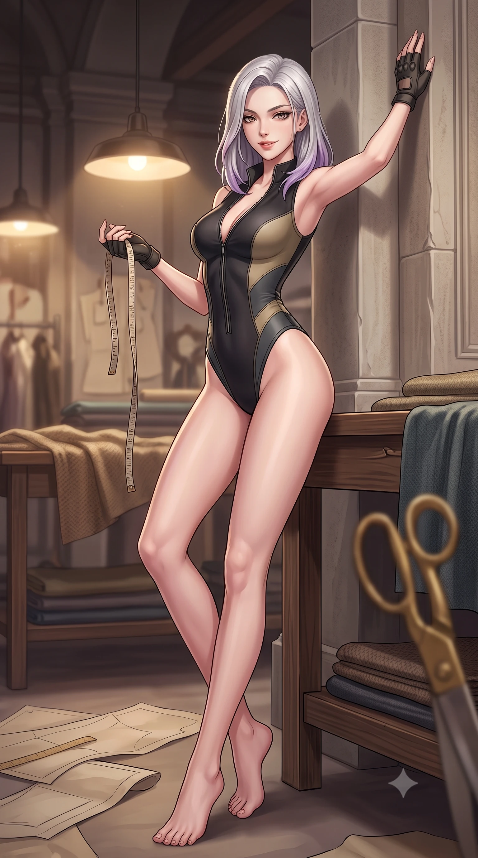 score_9, masterpiece, best quality, ultra-detailed, high-budget anime keyframe, semi-realistic 3D game render, editorial fashion photography, tasteful artistic composition, Caucasian woman. low angle full-body shot from head to toe showing her feet, filling the entire 9:16 vertical frame with her statuesque presence, stretching her vertical silhouette. standing tall beside the architectural column, one hand resting high while arching her lower back to emphasize her sculpted feminine hips and slender waist while sitting perched on the tailor's cutting table with legs extended, holding a vintage measuring tape with playful seductive cool. The background shows a soft-focus brass tailor shears and pattern papers softened in nostalgic atelier shallow focus. She has an absolutely perfect, statuesque 8.5-heads proportion, an exceptionally tall and slender model-like female figure with impossibly long slender legs, an ultra-slim waist, a flat toned midriff, narrow delicate ribcage, and beautifully sculpted feminine hips creating a graceful, slim hourglass silhouette without any bulky heaviness. sharp v-shaped jawline, high-bridge nose, sparkling eyes with hypnotic seductive depth, thick curled eyelashes, glossy parted lips with a natural dewy peach sheen, alluring bedroom-eyes with an enchanting coquettish smile, exuding magnetic siren charisma and sophisticated glamour, flawlessly proportioned anatomical accuracy, strict slender model proportions, natural body alignment, perfectly sculpted long slender limbs, ultra-slim waistline, clean dynamic posture without body distortion. wearing a form-contouring liquid-tight matte-black tactical bodysuit with a plunging front zipper and high-cut leg openings in tactical desert sand khaki and matte carbon grey, made of semi-opaque stretch illusion mesh with soft shadowy contours, finished with fingerless matte leather tactical driving gloves with reinforced knuckles, the high-slit wrap tailoring accentuating her ultra-slim waistline and the enchanting curve of her feminine hips with alluring seductive charm. bathed in soft warm incandescent atelier lamps hanging low over work tables. highly saturated vibrant anime colors, detailed shading with soft gradients, rich glossy textures, high-contrast stereoscopic depth, volumetric dynamic lighting, master piece, 9:16 ratio