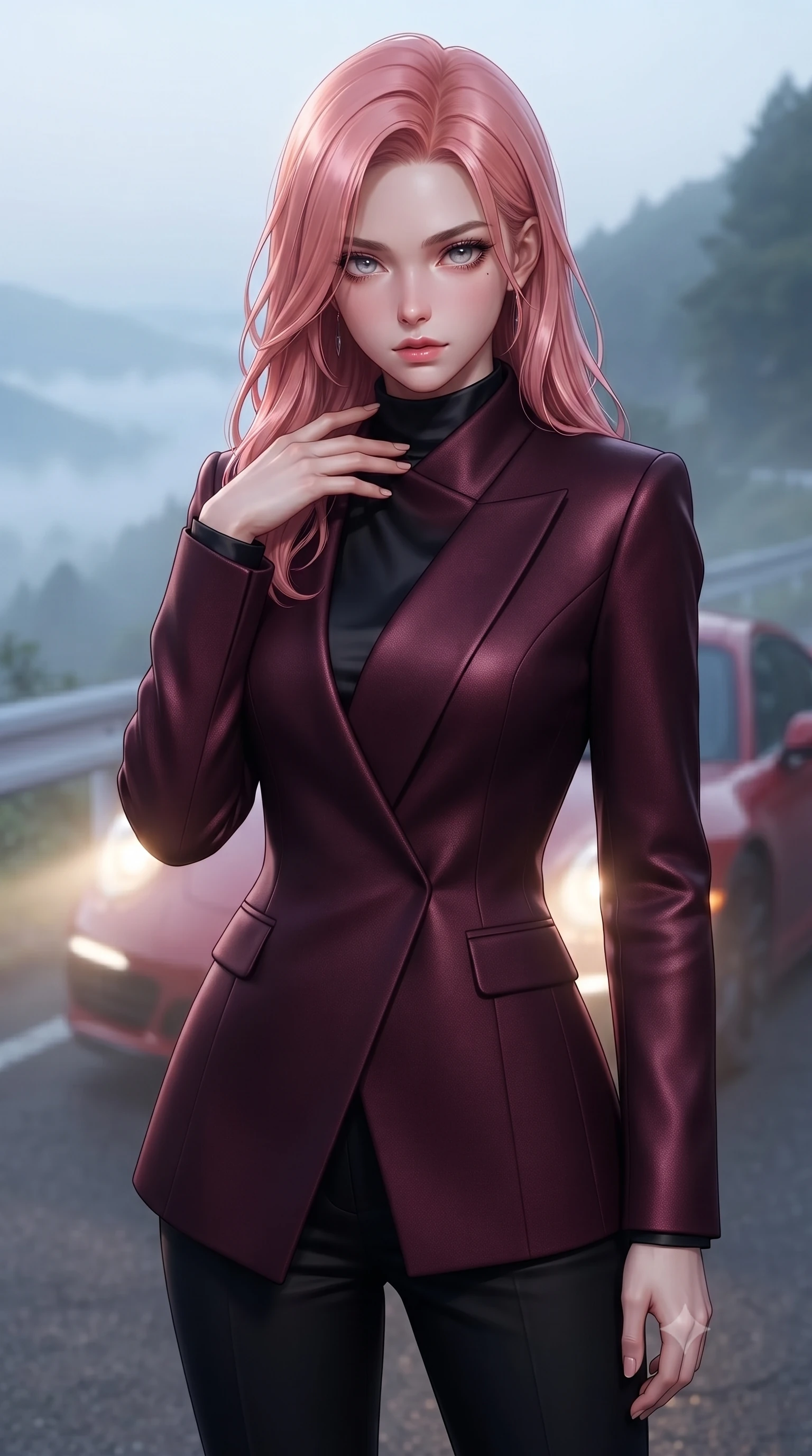 score_9, masterpiece, best quality, ultra-detailed, high-budget anime keyframe, editorial fashion photography, tasteful artistic composition, Japanese woman. close-up cowboy shot from the waist and thighs up, the character dominates the composition, filling the frame with her large presence, background elements kept in soft focus. standing with one hand resting on her collarbone, looking at the viewer with bedroom-eyes the background shows a soft-focus a quiet mountain road overlook with a parked sports car and a misty valley below. She has an exceptionally elegant, slender, and willowy female figure with an ultra-slim waist, a gracefully sculpted slender torso, and a refined silhouette. sharp v-shaped jawline, high-bridge nose, intricate jewel-like eyes with depth, thick eyelashes, glossy lips with a natural sheen. wearing a slim-fit tailored asymmetric jacket in deep burgundy wool with a high wrap collar, over a black silk mock-neck blouse. soft morning mist diffusing the warm headlights of the car. ultra-reflective glossy finish, specular highlights, metallic sheen, high-contrast stereoscopic depth, volumetric dynamic lighting, 2k, ultra detail, master piece, 9:16 ratio