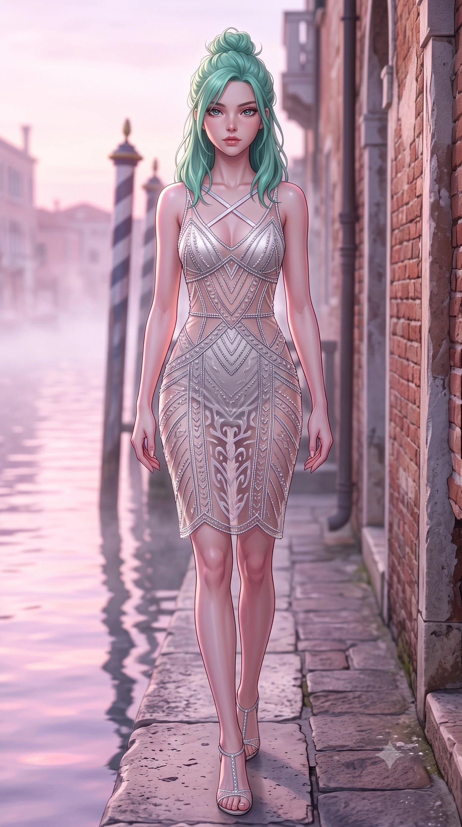 score_9, masterpiece, best quality, ultra-detailed, high-budget anime keyframe, semi-realistic 3D game render, editorial fashion photography, tasteful artistic composition, Japanese woman. low angle full-body shot from head to toe showing her feet, filling the entire 9:16 vertical frame with her statuesque presence, stretching her vertical silhouette. striding forward in a proud supermodel runway stride, hips swaying in an alluring kinetic rhythm that accentuates her curvy hourglass silhouette while standing poised against the weathered palazzo brick wall, twisting her slender torso in an alluring contrapposto stance as morning mist drifts across the water. The composition keeps background elements in soft focus with creamy bokeh. wooden striped mooring poles and rising canal morning mist softened in romantic shallow focus. She has an exceptionally tall and slender model-like 8.5-heads proportion, an ultra-slim waist, a flat toned midriff, narrow delicate ribcage, and beautifully sculpted feminine hips creating a graceful, slim hourglass silhouette without any bulky heaviness, with impossibly long slender legs. sharp v-shaped jawline, high-bridge nose, intricate jewel-like eyes with depth, thick eyelashes, glossy parted lips with a natural sheen, intensely captivating and seductive bedroom-eyes expression, flawlessly proportioned anatomical accuracy, strict slender model proportions, natural body alignment, perfectly sculpted long slender limbs, ultra-slim waistline, clean dynamic posture without body distortion. wearing a sheer vintage mesh flapper dress adorned with intricate geometric beadwork over an opaque silk slip in shimmering silver mercury and pearl white, made of sheer contouring power-mesh with velvet flocking patterns, finished with criss-cross back satin straps highlighting her graceful shoulder blades, the liquid-tight tailored fabric clinging flawlessly to her narrow waist and rounded feminine hips, emphasizing every millimeter of her sculpted slim hourglass curves without any bulky heaviness. bathed in luminous pastel dawn pink and violet light reflecting off misty canal waters. highly saturated vibrant anime colors, detailed shading with soft gradients, rich glossy textures, high-contrast stereoscopic depth, volumetric dynamic lighting, master piece, 9:16 ratio