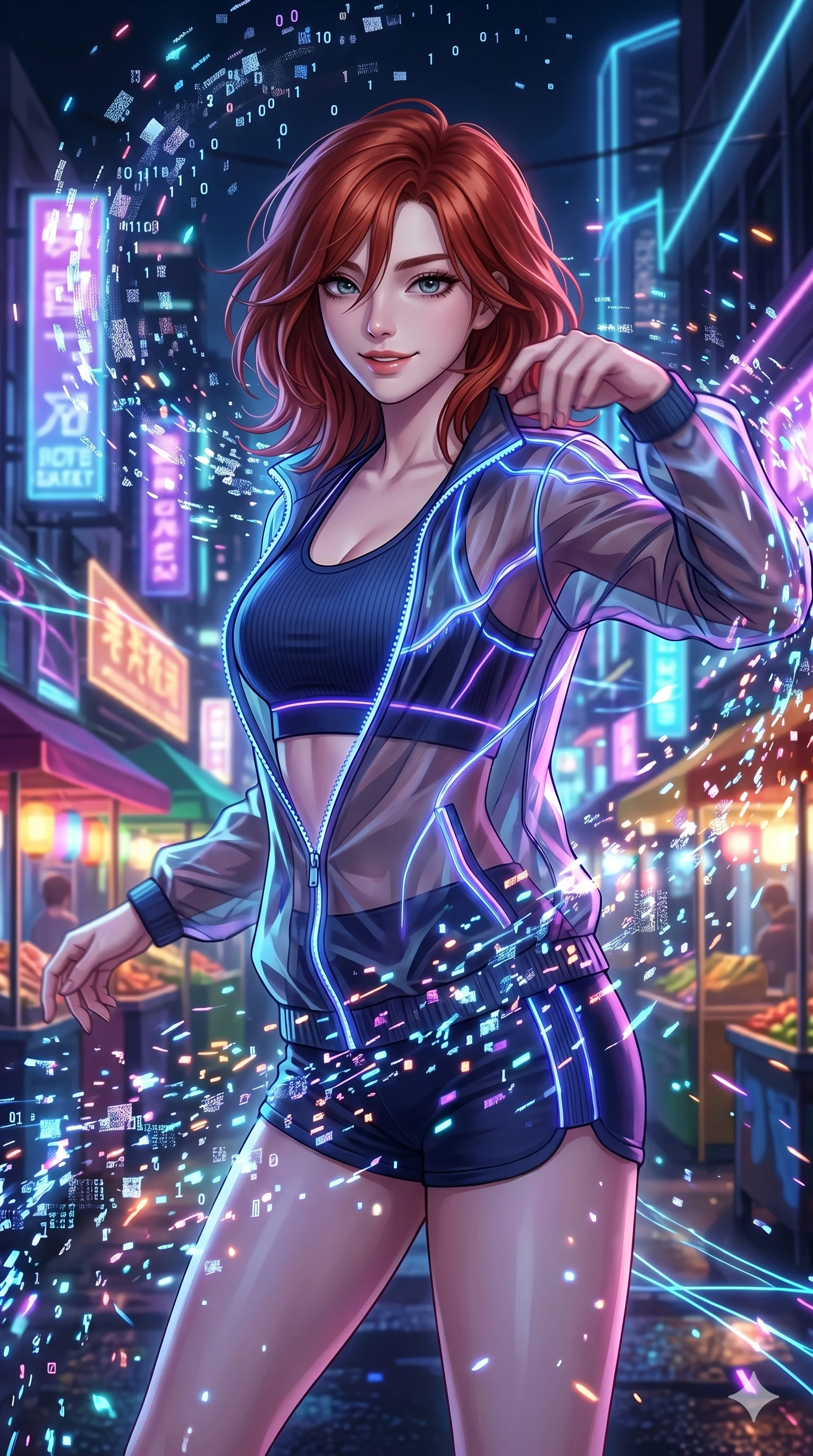 score_9, masterpiece, best quality, ultra-detailed, Set A: High-budget Anime Keyframe, Korean woman. Upper body close-up from the thighs up, character filling the screen for maximum presence. Dancing through a futuristic night market, while a digital blizzard of 279 bits obscures the horizon and surrounded by glowing energy sparks. She has an absolutely perfect 8-heads proportion, an exceptionally tall and slender female figure with impossibly long slender legs and an ultra-slim waist. Sharp v-shaped jawline, high-bridge nose, intricate jewel-like eyes with depth, thick eyelashes, glossy lips with a natural sheen. Wearing Athleisure set with a ribbed sports bra, sheer windbreaker, and glowing energy seams. Cinematic lighting, vibrant colors, dramatic shadows, 2k, ultra detail, master piece, 9:16 ratio