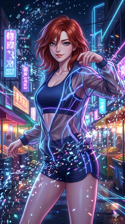 score_9, masterpiece, best quality, ultra-detailed, Set A: High-budget Anime Keyframe, Korean woman. Upper body close-up from the thighs up, character filling the screen for maximum presence. Dancing through a futuristic night market, while a digital