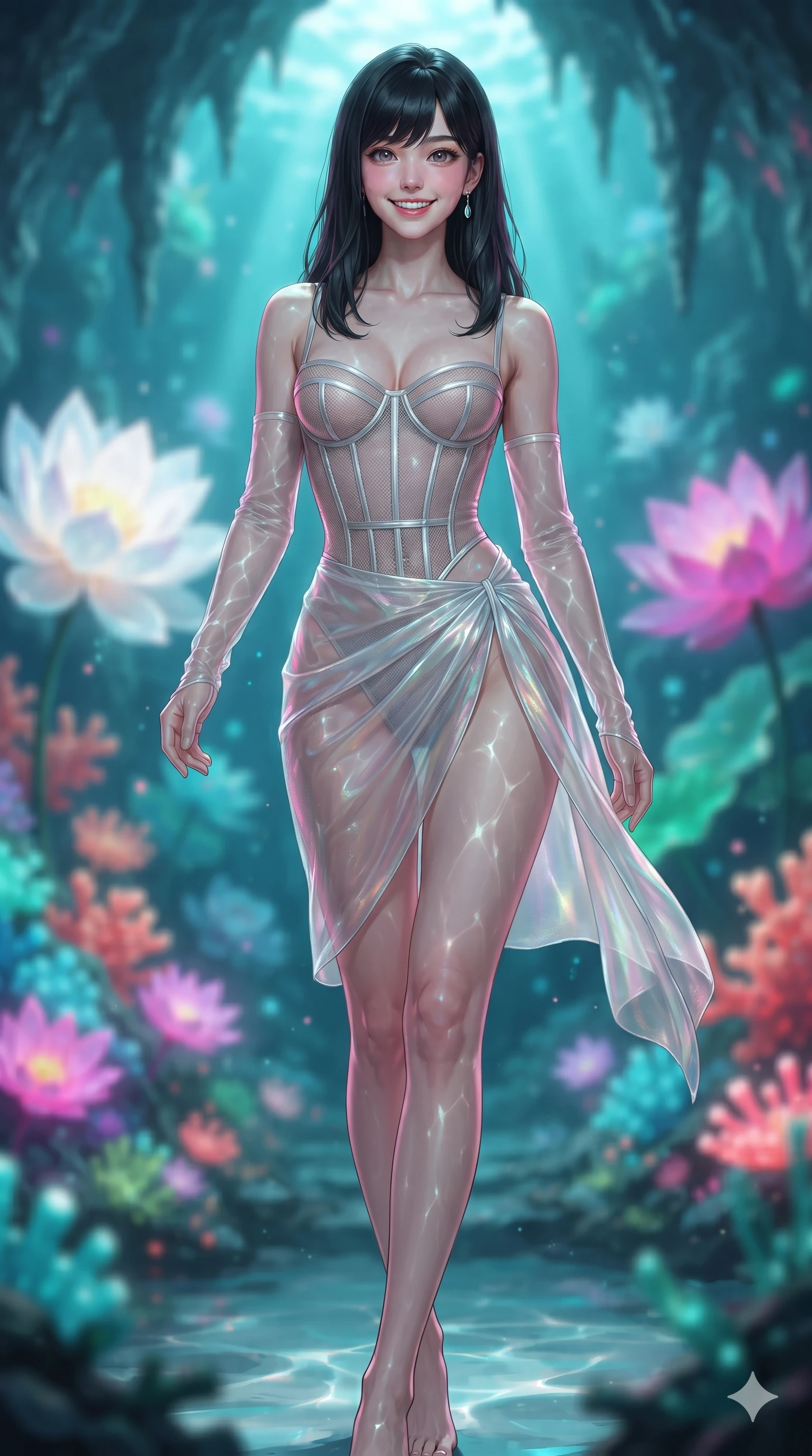 score_9, masterpiece, best quality, ultra-detailed, high-budget anime keyframe, editorial fashion photography, tasteful artistic composition, Caucasian woman. low angle full-body shot from head to toe showing her feet, filling the entire 9:16 vertical frame with her statuesque presence, stretching her vertical silhouette. stepping forward in a confident stride, her long slender legs and curvaceous hips creating a dynamic, sweeping vertical line while twisting her slender torso in an alluring contrapposto stance, fluorescent turquoise water currents and pink lotus glows playing across her narrow waist and curvy hips. The background shows a soft-focus giant glowing white and magenta lotus blossoms, pulsing fluorescent coral polyps, and stalactite ceiling blurred into turquoise, coral, and emerald bokeh. She has an exceptionally tall and slender model-like 8.5-heads proportion, an ultra-slim waist, a flat toned midriff, narrow delicate ribcage, and beautifully sculpted feminine hips creating a graceful, slim hourglass silhouette without any bulky heaviness, with impossibly long slender legs. sharp v-shaped jawline, high-bridge nose, intricate jewel-like sparkling eyes with depth, thick eyelashes, glossy parted lips with a natural peach sheen, bright cheerful beaming smile with an enchanting and coquettish sensual glint, exuding both youthful cute charm and seductive allure, flawlessly proportioned anatomical accuracy, strict slender model proportions, natural body alignment, perfectly sculpted long slender limbs, ultra-slim waistline, clean dynamic posture without body distortion. wearing a provocative translucent mesh corset bodice with boned satin channels paired with a sheer chiffon wrap skirt in iridescent mother-of-pearl and liquid molten silver, tailored from high-density tech-wool with subtle metallic thread weave, complemented by sheer opera-length evening gloves tracing her slender arms, the precision-cut side openings and low-back scoop framing her graceful spine and the sensual sweep of her slim, toned hips. illuminated by water caustics bounce and sharp aquamarine-pink rim lights defining her razor-sharp jawline, narrow waist, and curvy hips. ultra-reflective glossy finish, specular highlights, rich textural contrasts, high-contrast stereoscopic depth, volumetric dynamic lighting, 2k, ultra detail, master piece, 9:16 ratio