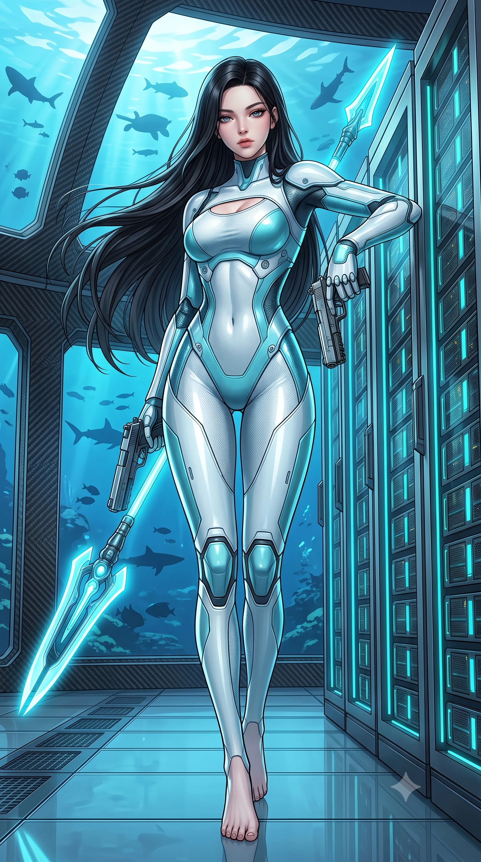 score_9, masterpiece, best quality, ultra-detailed, high-budget anime keyframe, semi-realistic 3D game render, editorial fashion photography, tasteful artistic composition, Korean woman. low angle full-body shot from head to toe showing her feet, filling the entire 9:16 vertical frame with her statuesque presence, stretching her vertical silhouette. performing an alluring mid-air combat landing with flawless poise, looking directly into the camera with regal, deadly intensity while leaning against a glowing server bank with twin pistols lowered, glancing over her shoulder with an alluring, bedroom-eyed gaze. The surrounding environment is rendered in vivid detail and crisp panoramic clarity. intricate carbon-fiber weave patterns, swimming sea-life silhouettes outside the glass, and floor tiles in high clarity. She has an absolutely perfect, statuesque 8.5-heads proportion, an exceptionally tall and slender model-like female figure with impossibly long slender legs, a toned flat midriff, and an ultra-slim waist. sharp v-shaped jawline, high-bridge nose, intricate jewel-like eyes with depth, thick eyelashes, glossy lips with a natural sheen, flawlessly proportioned anatomical accuracy, strict slender model proportions, natural body alignment, perfectly sculpted long slender limbs, ultra-slim waistline, clean dynamic posture without body distortion. wearing an ultra-sleek glacial-cyan and white carbon-mesh combat bodysuit with frost-resistant plating, holding a glowing high-frequency cryo-energy spear with commanding poise in glacial ice-cyan carbon mesh with pure white armor plates, formed from high-gloss patent carbon-plating with specular chiaroscuro reflections, finished with high-mobility articulation joints and miniature magnetic armor locks, the precision-cut daring openings accentuating her delicate midriff, graceful bare collarbones, and ultra-slim feminine waistline. illuminated by crisp white key light and sharp specular highlights tracing her slender curves. rich saturated anime colors with glowing neon highlights, detailed shading with soft gradients, rich glossy textures, high-contrast stereoscopic depth, volumetric dynamic lighting, master piece, 9:16 ratio