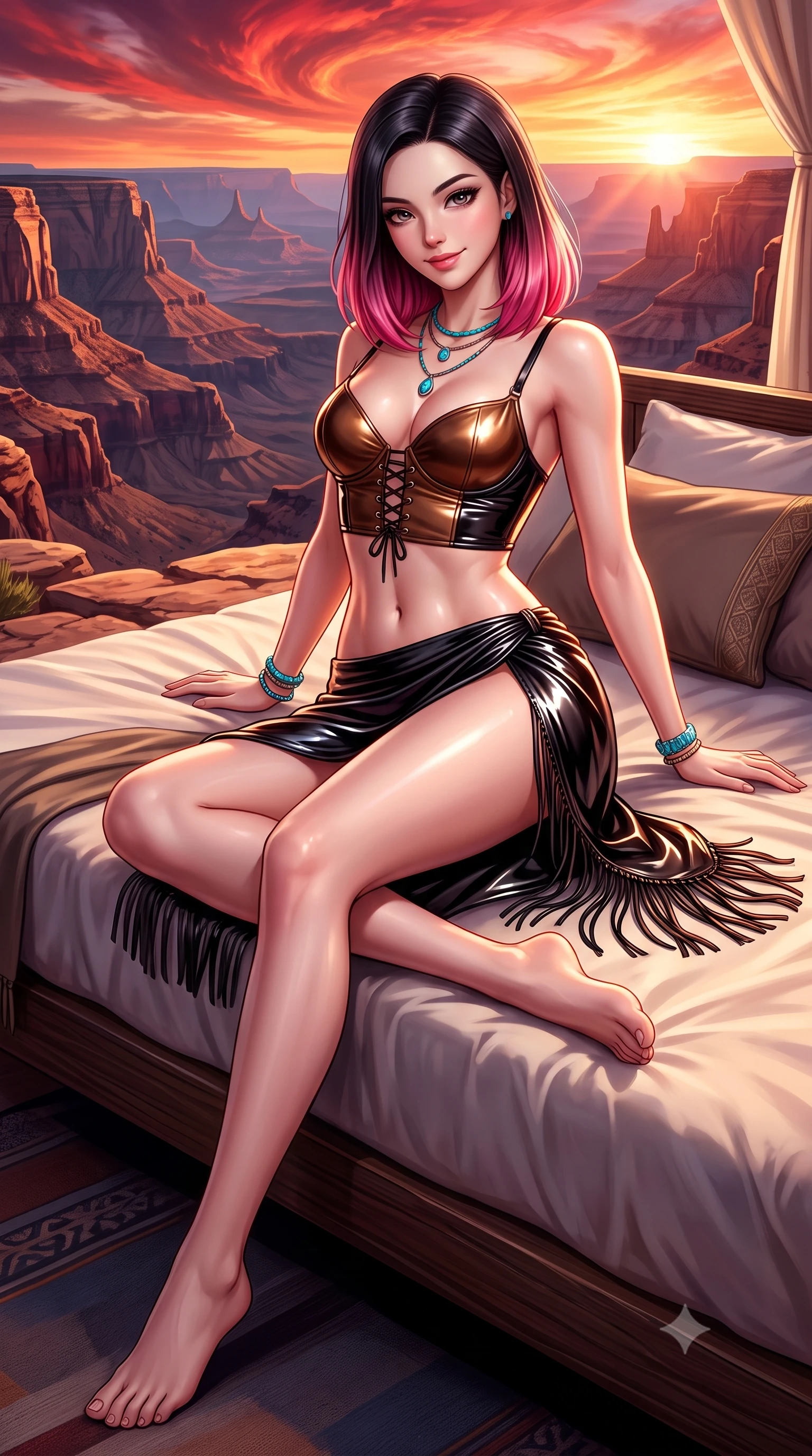 score_9, masterpiece, best quality, ultra-detailed, high-budget anime keyframe, semi-realistic 3D game render, editorial fashion photography, tasteful artistic composition, Korean woman. low angle full-body shot from head to toe showing her feet, filling the entire 9:16 vertical frame with her statuesque presence, stretching her vertical silhouette. lounging on the lavish daybed with legs crossed and hips angled toward the camera, displaying her toned midriff and long slender limbs with effortless siren poise while twisting her slender torso in an alluring S-curve, crimson vortex sunset light carving sharp highlights across her flat midriff and hips. The surrounding environment is rendered in vivid detail and crisp panoramic clarity: detailed lace-up leather bustier tailoring, turquoise jewelry glints, and geological formations in razor-sharp precision. She has an absolutely perfect, statuesque 8.5-heads proportion, an exceptionally tall and slender model-like female figure with impossibly long slender legs, an ultra-slim waist, a flat toned midriff, narrow delicate ribcage, and beautifully sculpted feminine hips creating a graceful, slim hourglass silhouette without any bulky heaviness. sharp v-shaped jawline, high-bridge nose, sparkling eyes with hypnotic seductive depth, thick curled eyelashes, glossy parted lips with a natural dewy peach sheen, alluring bedroom-eyes with an enchanting coquettish smile, exuding magnetic siren charisma and sophisticated glamour, flawlessly proportioned anatomical accuracy, strict slender model proportions, natural body alignment, perfectly sculpted long slender limbs, ultra-slim waistline, clean dynamic posture without body distortion. wearing a structured underwire bikini bustier top paired with an ultra-short draped sarong wrap mini skirt in metallic liquid bronze and Mojave obsidian black, crafted from wet-look high-gloss vinyl fabric with dazzling specular surface reflections, finished with a delicate leather fringe trim fluttering along her hip line with kinetic charm, the high-slit wrap tailoring accentuating her ultra-slim waistline and the enchanting curve of her feminine hips with alluring seductive charm. bathed in intense crimson-and-gold sunset illumination bouncing directly off the canyon rock walls. highly saturated vibrant anime colors, detailed shading with soft gradients, rich glossy textures, high-contrast stereoscopic depth, volumetric dynamic lighting, master piece, 9:16 ratio