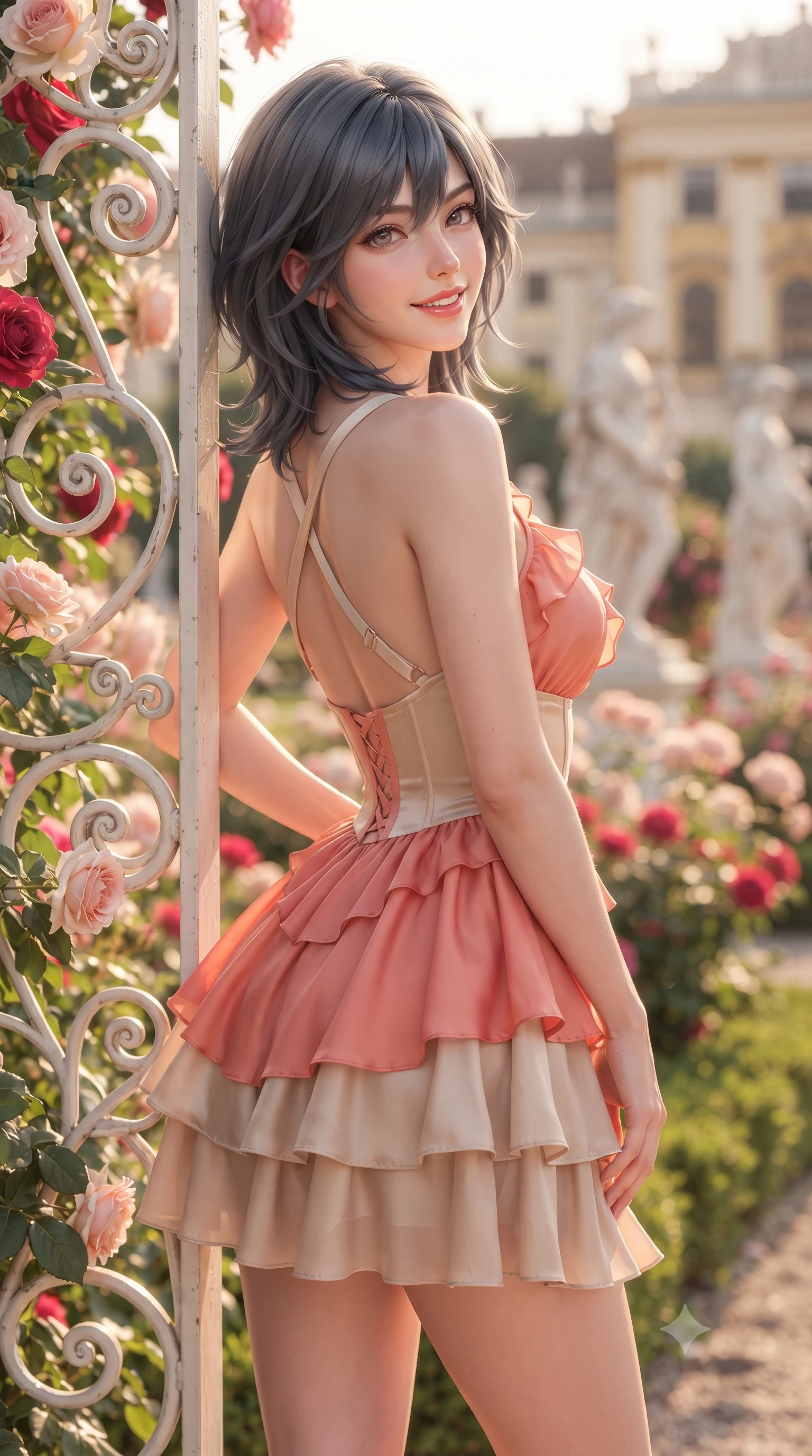 score_9, masterpiece, best quality, ultra-detailed, high-budget anime keyframe, editorial fashion photography, tasteful artistic composition, Caucasian woman. close-up cowboy shot from the waist and thighs up, the character dominates the composition, filling the frame with her large presence. twisting her slender torso in an alluring contrapposto stance, one hand resting on her sculpted hip while flashing a radiant, playful smile with parted glossy lips while leaning against the ornate white wrought-iron rose trellis with hips cocked back, looking over her shoulder with an alluring, coquettish gaze. The composition keeps background elements in soft focus with dreamy creamy bokeh. towering blooming rose bushes, marble classical statues, and imperial palace facades blurred into crimson, blush pink, and imperial gold bokeh. She has an exceptionally elegant, slender, and willowy female figure with an ultra-slim waist, flat toned midriff, narrow ribcage, and sculpted feminine hips creating an alluring, slim hourglass silhouette without bulk. sharp v-shaped jawline, high-bridge nose, intricate jewel-like sparkling eyes with depth, thick eyelashes, glossy parted lips with a natural peach sheen, bright cheerful beaming smile with an enchanting and coquettish sensual glint, exuding both youthful cute charm and seductive allure, flawlessly proportioned anatomical accuracy, strict slender model proportions, natural body alignment, perfectly sculpted long slender limbs, ultra-slim waistline, clean dynamic posture without body distortion. wearing a tiered ruffled chiffon mini dress with a fitted corseted waist and open back in warm coral pink and soft oatmeal beige, made of smooth fluid silk satin with a delicate pearlescent sheen, finished with criss-cross back satin straps highlighting her graceful shoulder blades, the form-fitting cut adhering flawlessly to her sculpted flat midriff and slender torso, emphasizing her long leg lines and perfectly proportioned willowy build. bathed in glorious golden hour Austrian afternoon sunlight streaming across the formal gardens. ultra-reflective glossy finish, specular highlights, rich textural contrasts, high-contrast stereoscopic depth, volumetric dynamic lighting, 2k, ultra detail, master piece, 9:16 ratio
