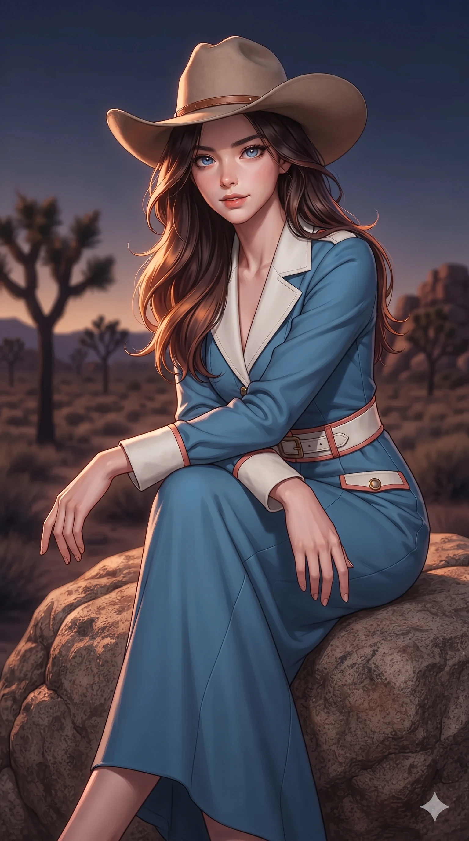 score_9, masterpiece, best quality, ultra-detailed, high-budget anime keyframe, editorial fashion photography, tasteful artistic composition, Korean woman. close-up cowboy shot from the waist and thighs up, the character dominates the composition, filling the frame with her large presence. leaning forward while arching her lower back to accentuate her curvy hips, looking into the camera with an intoxicating smoldering gaze and bedroom-eyes while perched atop a colossal weathered granite boulder with one leg extended, stretching her vertical silhouette against the dramatic desert twilight sky. The background shows a soft-focus desert twilight boulder garden softened in Joshua tree shallow focus. She has an exceptionally elegant, slender, and willowy female figure with an ultra-slim waist, flat toned midriff, narrow ribcage, and sculpted feminine hips creating an alluring, slim hourglass silhouette without bulk. sharp v-shaped jawline, high-bridge nose, sparkling eyes with hypnotic seductive depth, thick curled eyelashes, glossy parted lips with a natural dewy peach sheen, alluring bedroom-eyes with an enchanting coquettish smile, exuding magnetic siren charisma and sophisticated glamour, flawlessly proportioned anatomical accuracy, strict slender model proportions, natural body alignment, perfectly sculpted long slender limbs, ultra-slim waistline, clean dynamic posture without body distortion. wearing a refined long-sleeve desert safari trench dress with structured waist belt and brass buckle hardware in Mediterranean cerulean blue and optic white with coral trims, crafted from luxurious metallic lamé that shifts radiance with every step, finished with a wide-brimmed felt cowboy hat tipped back to frame her face and long glossy hair, the bespoke structured tailoring following the natural line of her 8.5-heads silhouette with refined elegance. illuminated by warm rock surface bounce and sharp golden-peach rim lights sculpting her razor-sharp jawline, narrow waist, and curvy hips. ultra-reflective glossy finish, specular highlights, rich textural contrasts, high-contrast stereoscopic depth, volumetric dynamic lighting, 2k, ultra detail, master piece, 9:16 ratio