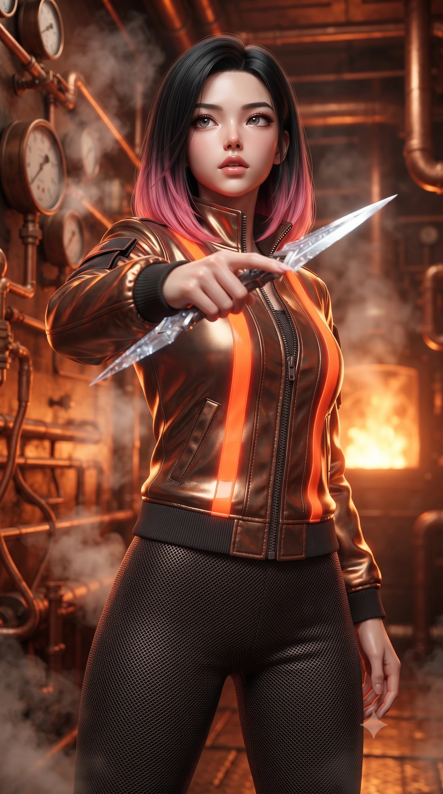 score_9, masterpiece, best quality, ultra-detailed, high-budget anime keyframe, editorial fashion photography, tasteful artistic composition, Korean woman. close-up cowboy shot from the waist and thighs up, the character dominates the composition, filling the frame with her large presence, background elements kept in soft focus. pointing a crystal-edged laser dagger forward in a defensive stance, tilting her chin up slightly with lips parted in a composed pose, the background shows a soft-focus a copper pipe foundry corridor filled with vintage pressure gauges and steam. She has an exceptionally elegant, slender, and willowy female figure with an ultra-slim waist, a gracefully sculpted slender torso, and a refined silhouette. sharp v-shaped jawline, high-bridge nose, intricate jewel-like eyes with depth, thick eyelashes, glossy lips with a natural sheen. wearing a slim-fit heavy polar-combat jacket with neon orange warning stripes, worn over thick carbon-mesh thermal trousers. warm orange glow of a melting furnace reflecting off copper and bronze walls. ultra-reflective glossy finish, specular highlights, metallic sheen, high-contrast stereoscopic depth, volumetric dynamic lighting, 2k, ultra detail, master piece, 9:16 ratio