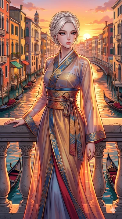 score_9, masterpiece, best quality, ultra-detailed, Set C: High-budget Anime Keyframe, Korean woman. Upper body close-up from the thighs up, character filling the screen for maximum presence. Standing on a balcony overlooking a city of canals and gon