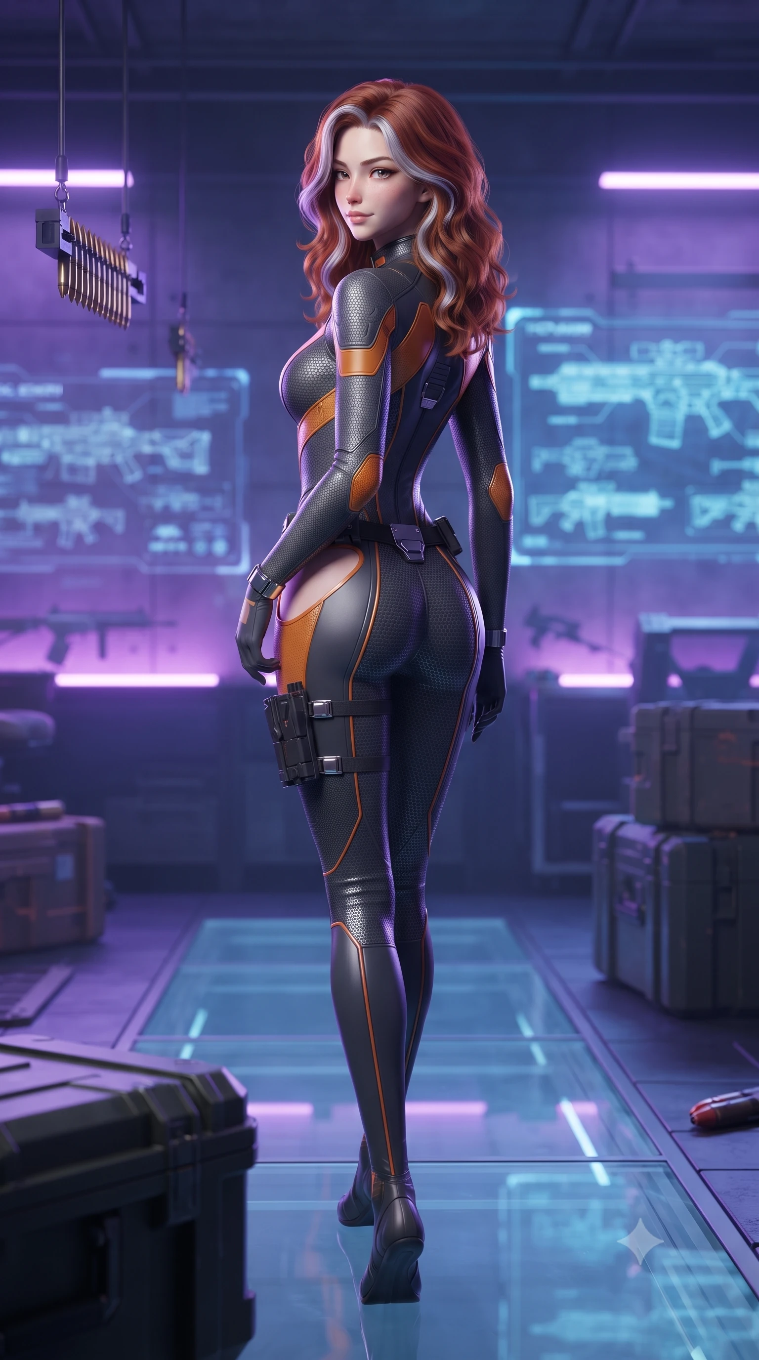 score_9, masterpiece, best quality, ultra-detailed, high-budget anime keyframe, editorial fashion photography, tasteful artistic composition, Caucasian woman. low angle full-body shot from head to toe showing her feet, filling the entire 9:16 vertical frame with her statuesque presence, stretching her vertical silhouette. walking slowly along the transparent glass skybridge, looking back over her shoulder with an air of effortless grace and an alluring, smoldering smile while leaning against a heavy ordnance storage vault with hips cocked back, looking over her shoulder with an intoxicating, fearless half-smile. The background shows a soft-focus suspended ammunition loading arms and holographic weapon schematics softened in tactical armory shallow focus. She has an absolutely perfect, statuesque 8.5-heads proportion, an exceptionally tall and slender model-like female figure with impossibly long slender legs, an ultra-slim waist, a flat toned midriff, narrow delicate ribcage, and beautifully sculpted feminine hips creating a graceful, slim hourglass silhouette without any bulky heaviness. sharp v-shaped jawline, high-bridge nose, intricate jewel-like sparkling eyes with depth, thick eyelashes, glossy parted lips with a natural sheen, bright confident smile with an enchanting and coquettish sensual glint, exuding both youthful magnetic charm and sovereign high-tech allure, flawlessly proportioned anatomical accuracy, strict slender model proportions, natural body alignment, perfectly sculpted long slender limbs, ultra-slim waistline, clean dynamic posture without body distortion. wearing a high-performance speeder pilot catsuit with ergonomic silicone grip lines and strategic hip cutouts in stealth charcoal slate and molten laser orange, woven from delicate semi-opaque high-tensile nano-mesh with intricate hexagonal micro-patterns, finished with polished chrome buckle hardware and modular magnetic holster clasps, the form-fitting tactical tailoring adhering flawlessly to her sculpted flat midriff and slender torso, emphasizing her long leg lines and perfectly proportioned willowy build. bathed in intense violet and electric blue plasma charging glow contrasting with industrial shadows. ultra-reflective glossy finish, specular highlights, rich textural contrasts, high-contrast stereoscopic depth, volumetric dynamic lighting, 2k, ultra detail, master piece, 9:16 ratio