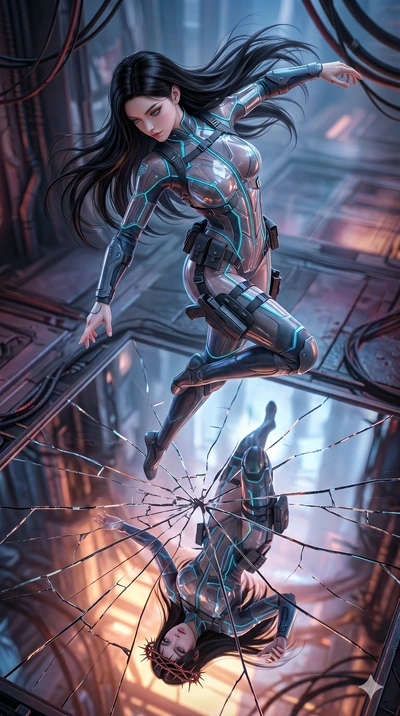 score_9, masterpiece, best quality, ultra-detailed, photorealistic 8k CG, hyper-detailed textures, ray-tracing, Caucasian (strictly human ears) woman. Mid-air action shot capturing a graceful twist and vertical silhouette. looking at a reflection of 