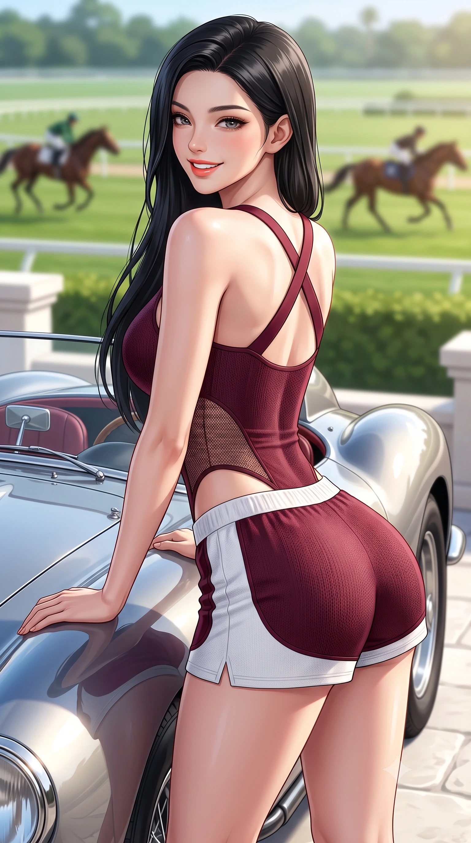 score_9, masterpiece, best quality, ultra-detailed, high-budget anime keyframe, semi-realistic 3D game render, editorial fashion photography, tasteful artistic composition, Korean woman. close-up cowboy shot from the waist and thighs up, the character dominates the composition, filling the frame with her large presence. posing in an alluring rear three-quarter angle, turning over a bare shoulder with an intoxicating gaze, her hips cocked back to highlight her slim hourglass curve against the paddock lights while leaning against the sculpted front fender of a vintage Ferrari 250 Testa Rossa with hips cocked back, casting an intoxicating bedroom-gaze. The background shows a soft-focus thoroughbred horses trotting along green exercise tracks softened in aristocratic equestrian shallow focus. She has an exceptionally elegant, slender, and willowy female figure with an ultra-slim waist, flat toned midriff, narrow ribcage, and sculpted feminine hips creating an alluring, slim hourglass silhouette without bulk. sharp v-shaped jawline, high-bridge nose, sparkling eyes with athletic focus and depth, thick curled eyelashes, glossy parted lips with a natural coral-peach sheen, bright confident and coquettish smile with alluring bedroom-eyes, exuding both youthful sporty vigor and sovereign high-society glamour, flawlessly proportioned anatomical accuracy, strict slender model proportions, natural body alignment, perfectly sculpted long slender limbs, ultra-slim waistline, clean dynamic posture without body distortion. wearing a cut-out racing bodysuit with side-torso mesh inserts and low-rise tailored tennis shorts in rich burgundy wine and crisp court white, tailored from ultra-soft fine cashmere yarn with an airy athletic drape, finished with criss-cross back athletic straps highlighting her graceful shoulder blades, the liquid-tight tailored fabric clinging flawlessly to her narrow waist and rounded feminine hips, emphasizing every millimeter of her sculpted slim hourglass curves without any bulky heaviness. bathed in luminous Florida sunshine reflecting off white coral stone terraces. highly saturated vibrant anime colors, detailed shading with soft gradients, rich glossy textures, high-contrast stereoscopic depth, volumetric dynamic lighting, master piece, 9:16 ratio