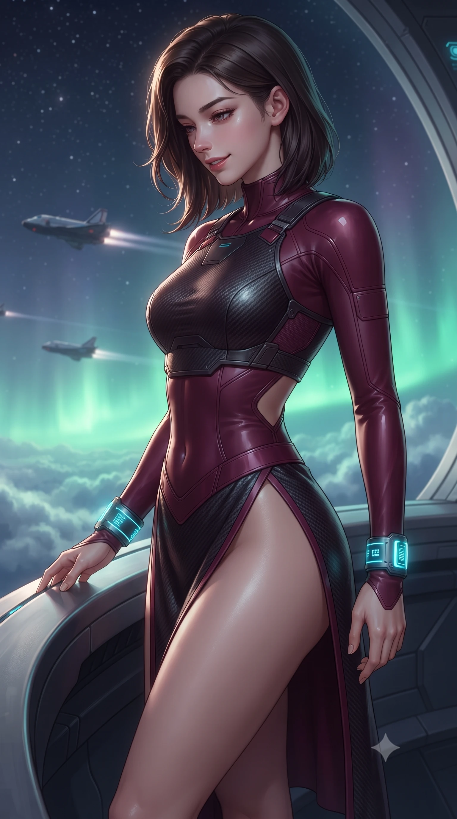 score_9, masterpiece, best quality, ultra-detailed, high-budget anime keyframe, editorial fashion photography, tasteful artistic composition, Korean woman. close-up cowboy shot from the waist and thighs up, the character dominates the composition, filling the frame with her large presence. turning slowly with a smoldering smile, her sleek hair catching the cockpit HUD rim light as her hips angle gracefully in a captivating contrapposto while standing poised at the curved titanium edge with hips cocked back, casting an intoxicating bedroom-gaze down toward swirling atmospheric storm clouds. The background shows a soft-focus orbital transit shuttles trailing faint ion exhausts in the distance softened in futuristic high-orbit shallow focus. She has an exceptionally elegant, slender, and willowy female figure with an ultra-slim waist, flat toned midriff, narrow ribcage, and sculpted feminine hips creating an alluring, slim hourglass silhouette without bulk. sharp v-shaped jawline, high-bridge nose, intricate jewel-like sparkling eyes with depth, thick eyelashes, glossy parted lips with a natural sheen, bright confident smile with an enchanting and coquettish sensual glint, exuding both youthful magnetic charm and sovereign high-tech allure, flawlessly proportioned anatomical accuracy, strict slender model proportions, natural body alignment, perfectly sculpted long slender limbs, ultra-slim waistline, clean dynamic posture without body distortion. wearing a cyber-samurai tactical suit featuring a shortened carbon chestplate and high-slit armored wrap skirt in deep wine crimson and dark carbon weave, made of supple second-skin compression stretch jersey clinging flawlessly to her form, featuring sleek glowing cyan HUD display wrist cuffs with floating data telemetry, the precision-cut side openings and low-back scoop framing her graceful spine and the sensual sweep of her slim, toned hips. bathed in soft celestial starlight and radiant emerald aurora glow from below. ultra-reflective glossy finish, specular highlights, rich textural contrasts, high-contrast stereoscopic depth, volumetric dynamic lighting, 2k, ultra detail, master piece, 9:16 ratio