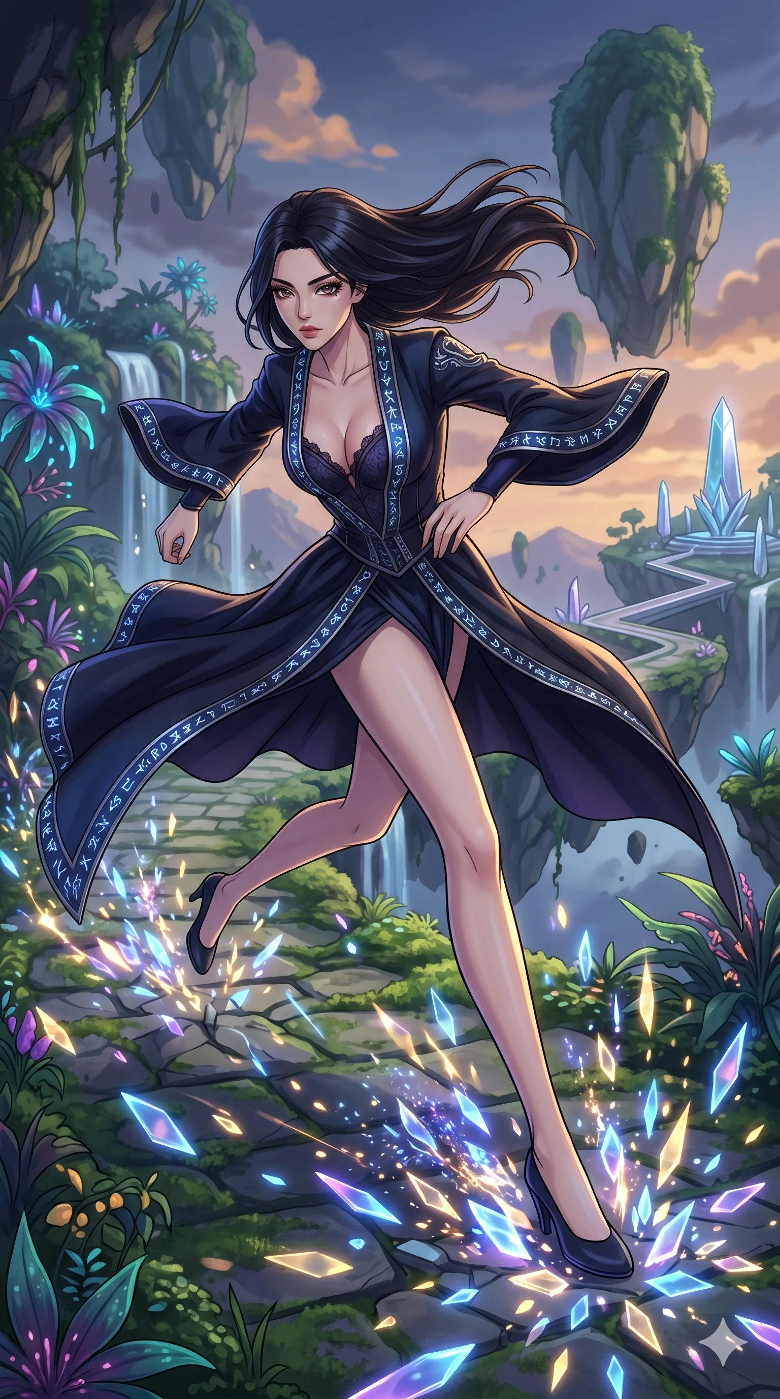 score_9, masterpiece, best quality, ultra-detailed, Set A: High-budget Anime Keyframe, Korean woman. Low angle cowboy shot filling the entire 9:16 frame with her statuesque presence. Sprinting through a floating botanical garden, as the ground beneath her turns into 211 shards of light and surrounded by glowing energy sparks. She has an absolutely perfect 8-heads proportion, an exceptionally tall and slender female figure with impossibly long slender legs and an ultra-slim waist. Sharp v-shaped jawline, high-bridge nose, intricate jewel-like eyes with depth, thick eyelashes, glossy lips with a natural sheen. Wearing Dark sorceress robes with glowing runes and a deep-cut lace corset. Cinematic lighting, vibrant colors, dramatic shadows, 2k, ultra detail, master piece, 9:16 ratio