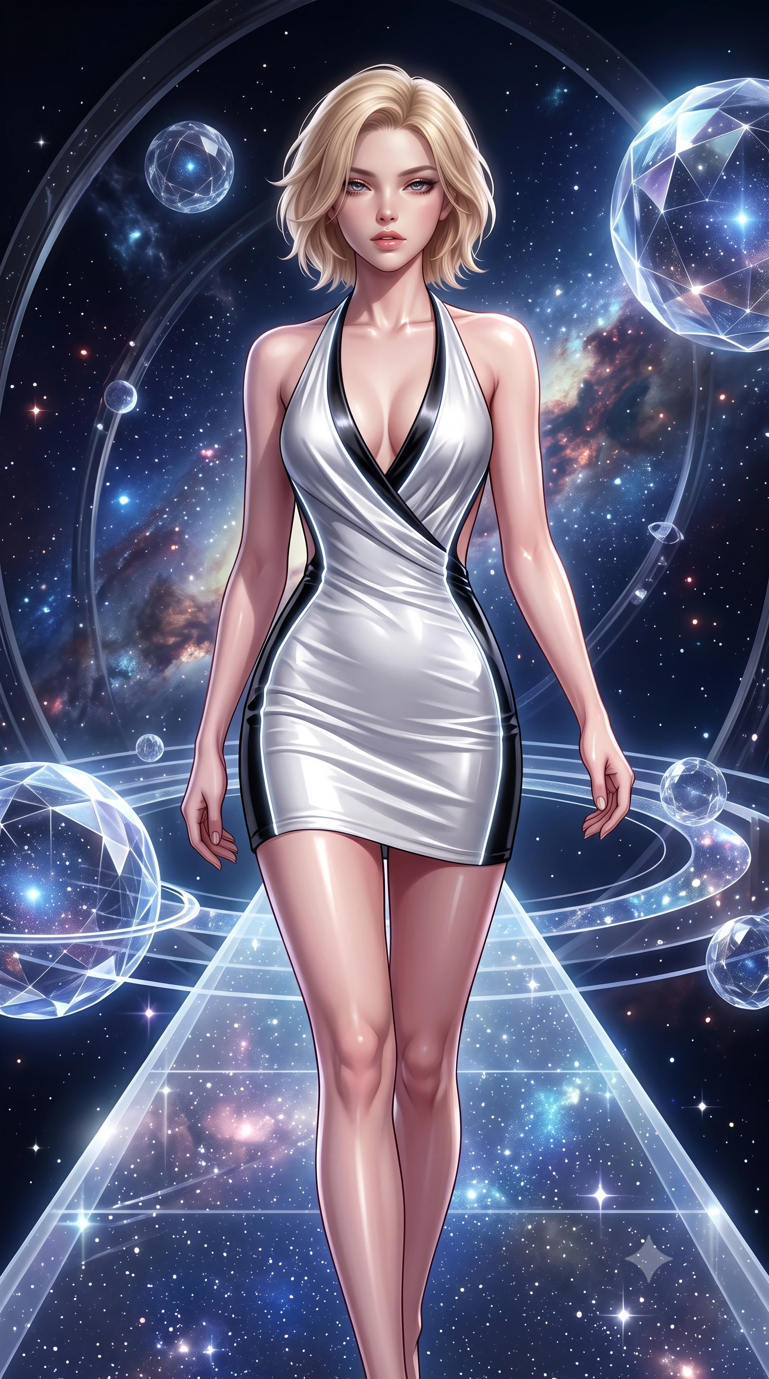 score_9, masterpiece, best quality, ultra-detailed, high-budget anime keyframe, semi-realistic 3D game render, editorial fashion photography, tasteful artistic composition, Caucasian woman. close-up cowboy shot from the waist and thighs up, the character dominates the composition, filling the frame with her large presence. casting a slow, smoldering gaze beneath heavy lashes with parted glossy lips, her head slightly tilted in captivating self-assurance while stepping gracefully along a translucent starlight runway connecting orbiting crystalline observatory spheres. The surrounding environment is rendered in vivid detail and crisp panoramic clarity. dramatic space chiaroscuro and transcendent cosmic architecture rendered in panoramic precision. She has an exceptionally elegant, slender, and willowy female figure with an ultra-slim waist, a gracefully sculpted slender torso, toned flat midriff, and a refined slim silhouette. sharp v-shaped jawline, high-bridge nose, intricate jewel-like eyes with depth, thick eyelashes, glossy lips with a natural sheen, flawlessly proportioned anatomical accuracy, strict slender model proportions, natural body alignment, perfectly sculpted long slender limbs, ultra-slim waistline, clean dynamic posture without body distortion. wearing a form-contouring liquid satin halter-neck mini dress with a deep crossover cowl front, open back, and ultra-slender waist drape in high-gloss monochrome white and sharp black contrast, made of liquid metal jersey that clings flawlessly to every contour of her build, accented with glowing fiber-optic seams tracing her collarbones and hip curves, the form-contouring material adhering flawlessly to her sculpted flat midriff and slender torso, emphasizing her long leg lines and perfectly proportioned willowy build. illuminated by crisp diamond-specular highlights tracing her sculpted collarbones, waist, and slender limbs. highly saturated vibrant anime colors, detailed shading with soft gradients, rich glossy textures, high-contrast stereoscopic depth, volumetric dynamic lighting, master piece, 9:16 ratio